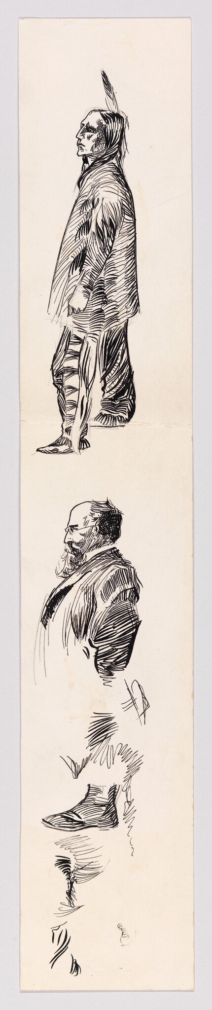 Two profile ink sketches of men—one wearing a feather and cloak, the other bearded—plus foot studies.