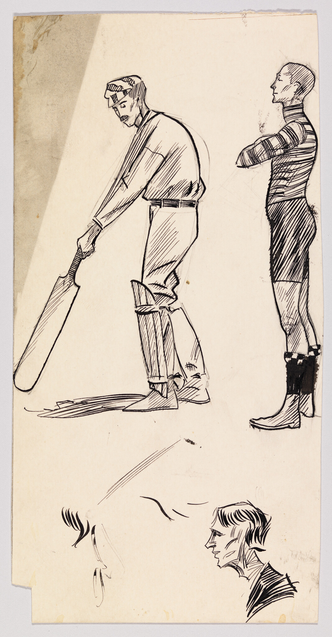 A sketch of a cricket batsman at the crease holding a bat with observers nearby.