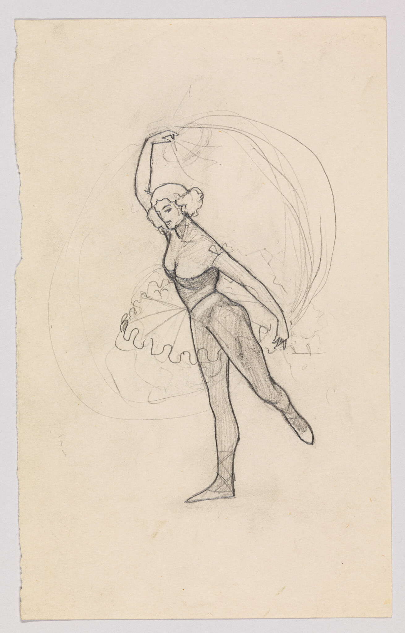 A pencil sketch of a ballerina balancing on one leg with an arm raised.