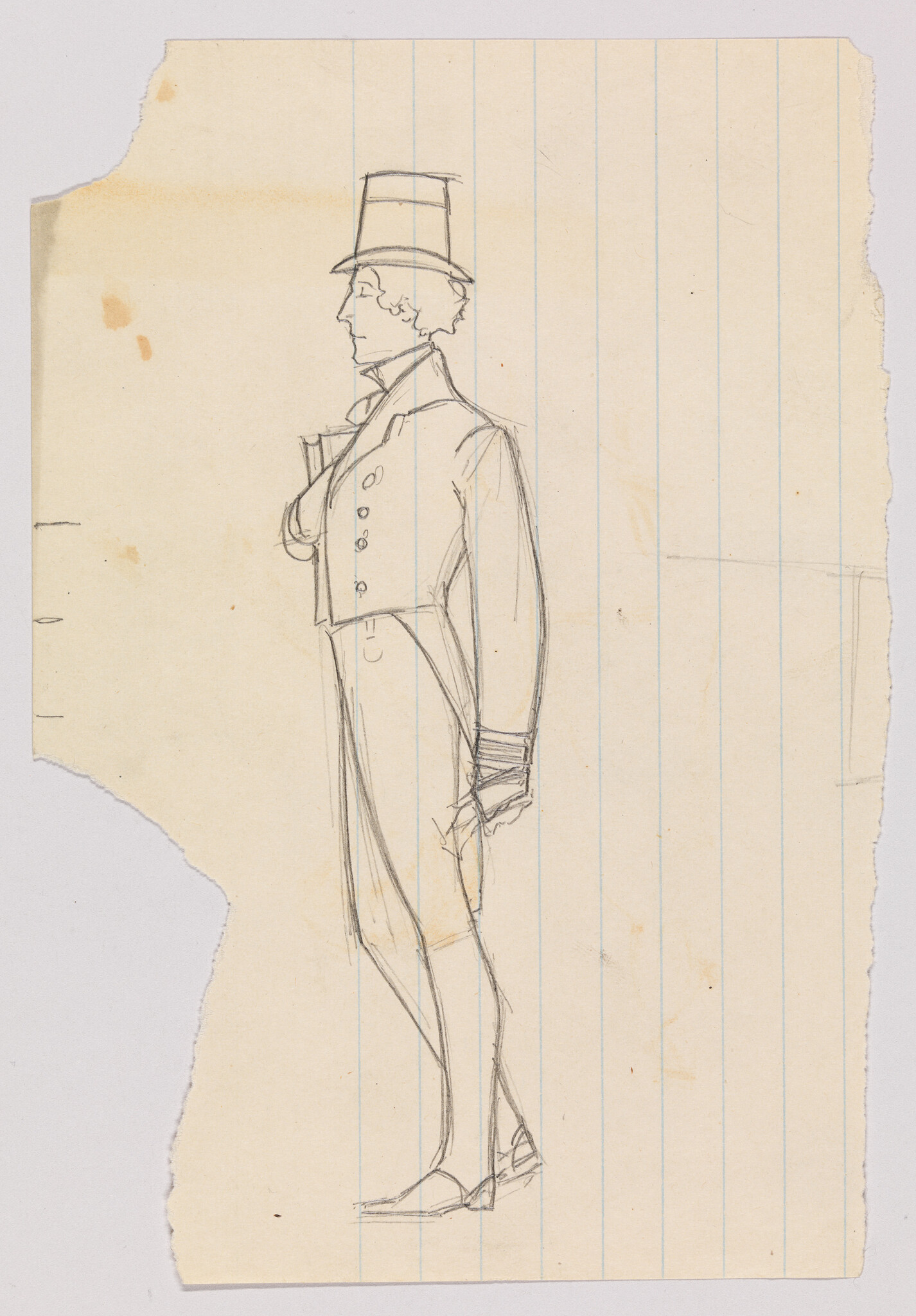 A pencil sketch of a standing gentleman wearing a tall top hat and formal tailcoat.
