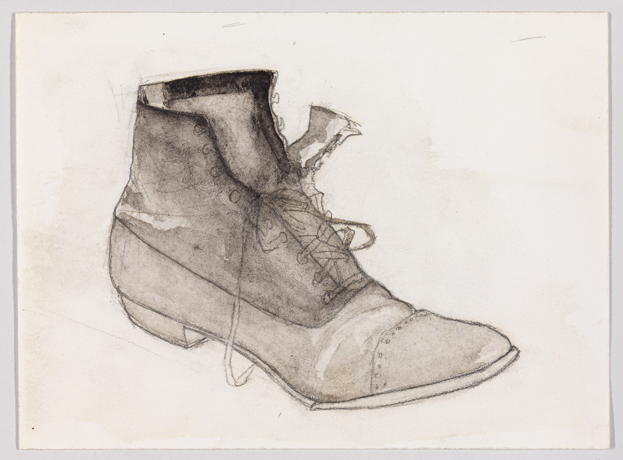 A charcoal sketch of a single worn lace-up boot with loose laces.