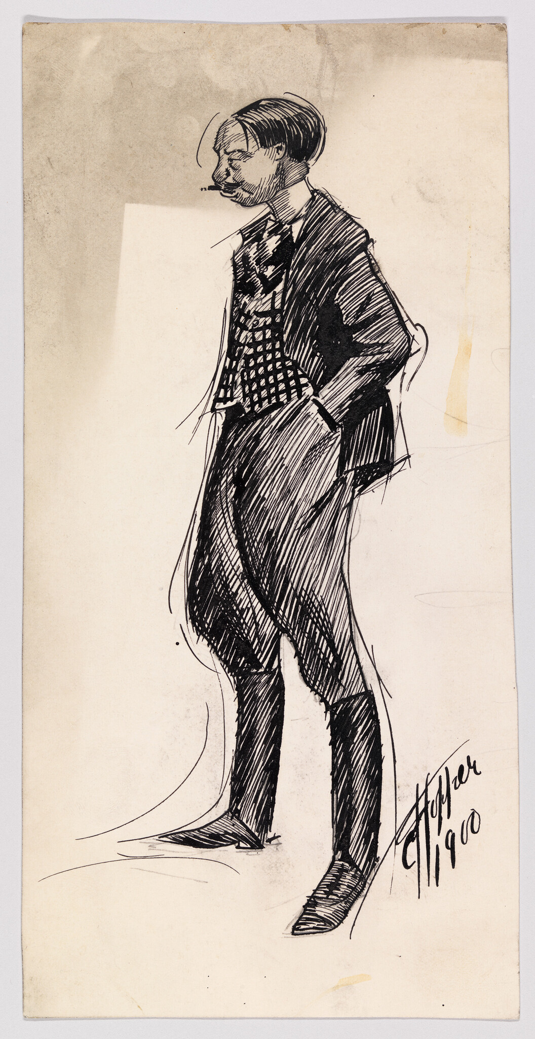 A tall, mustached man in a suit stands with hands in pockets, smoking a cigarette.