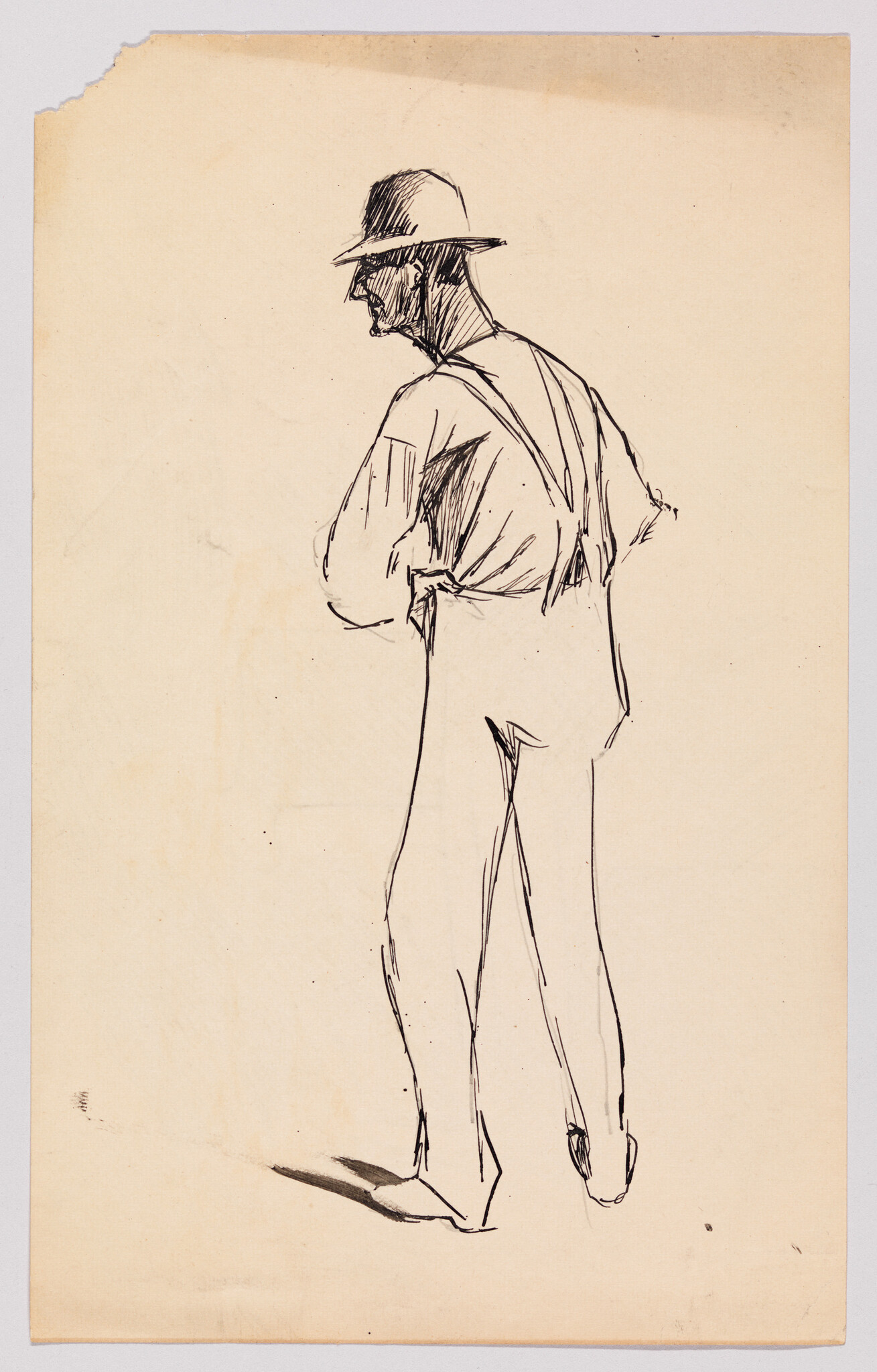 A sketch of a man wearing a hat and suspenders, standing with hands on hips.