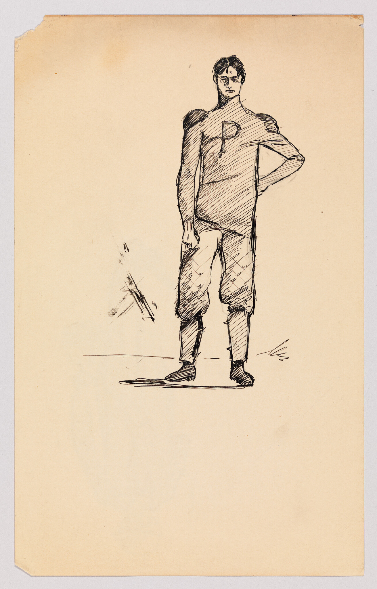A pen sketch of a man standing with one hand on his hip wearing a shirt marked P.
