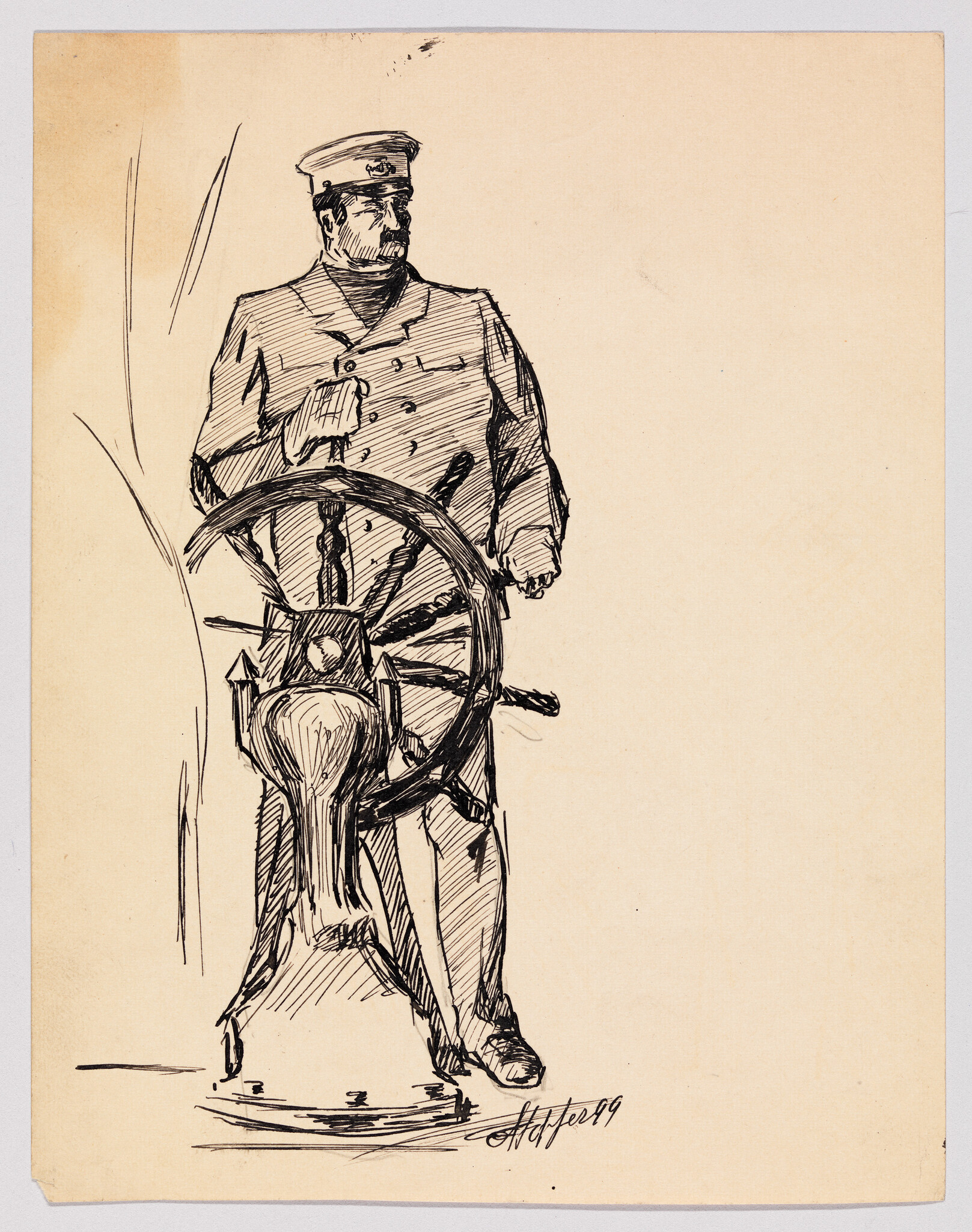 A ship captain in uniform stands at the large wooden wheel, steering the vessel.