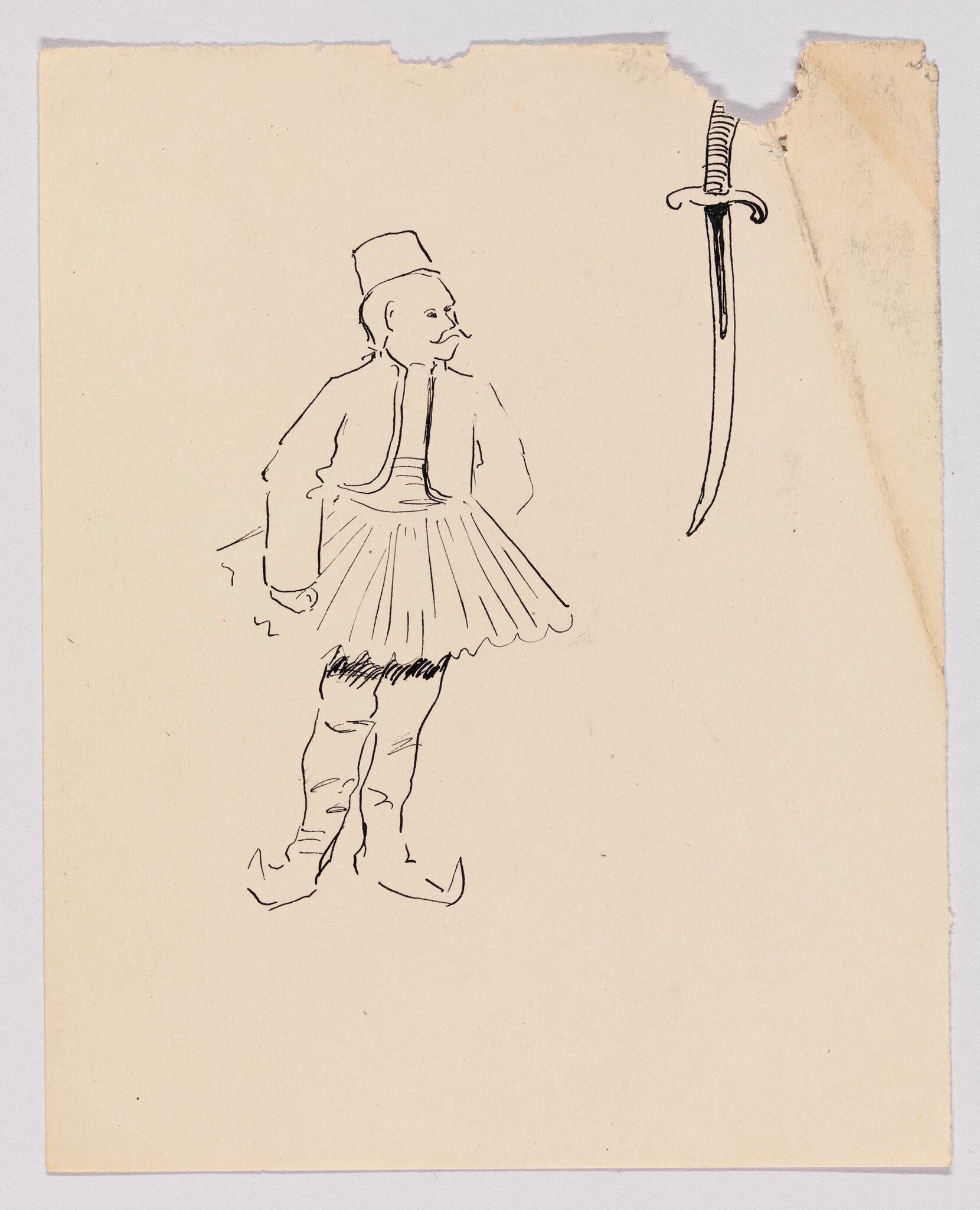 A pen sketch of a man in a fez and pleated skirt standing beside a hanging curved sword.