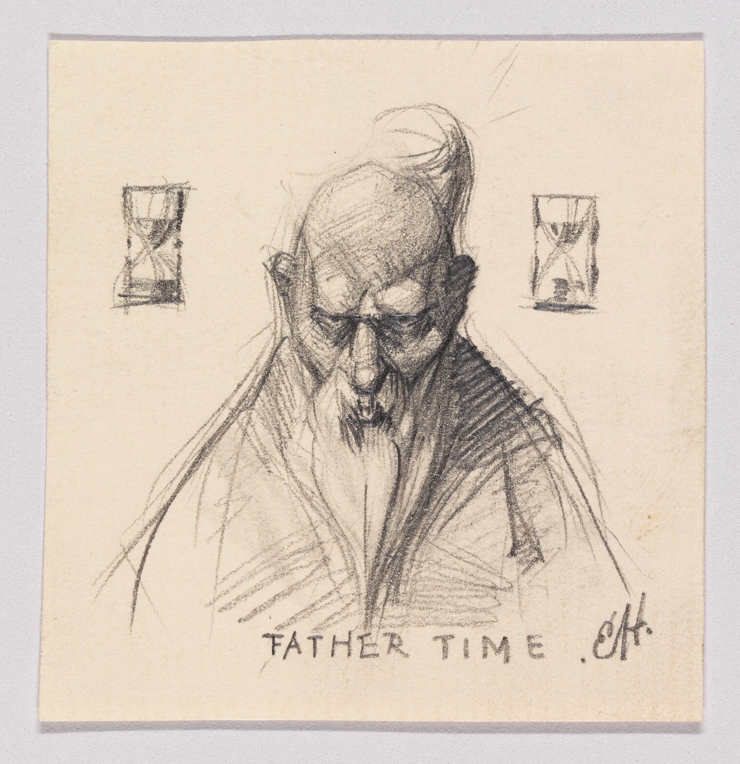An elderly bearded figure labeled "Father Time" with two hourglasses flanking his head.
