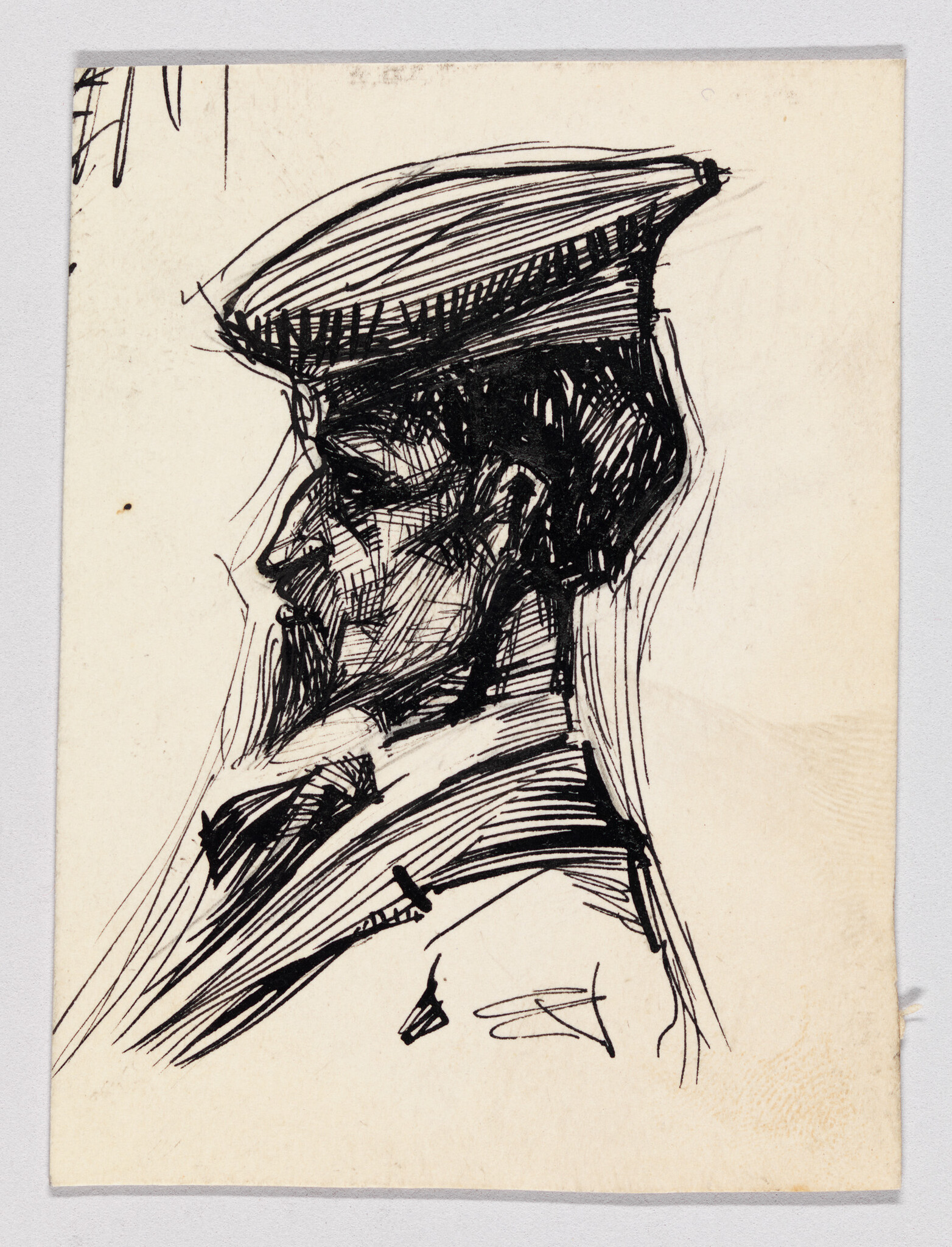 A pen sketch of a bearded man in profile wearing a flat cap and coat.