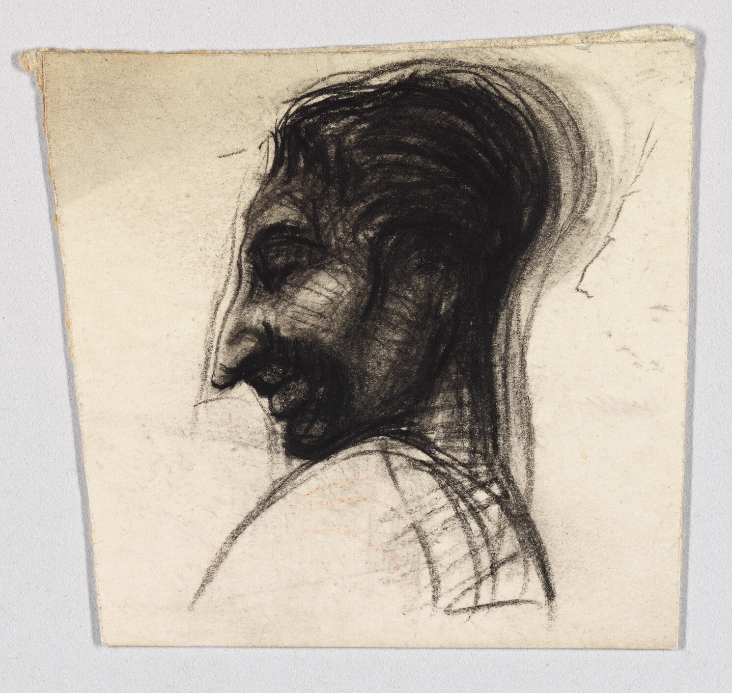 Charcoal sketch of an older man in profile with a prominent nose and textured hair.