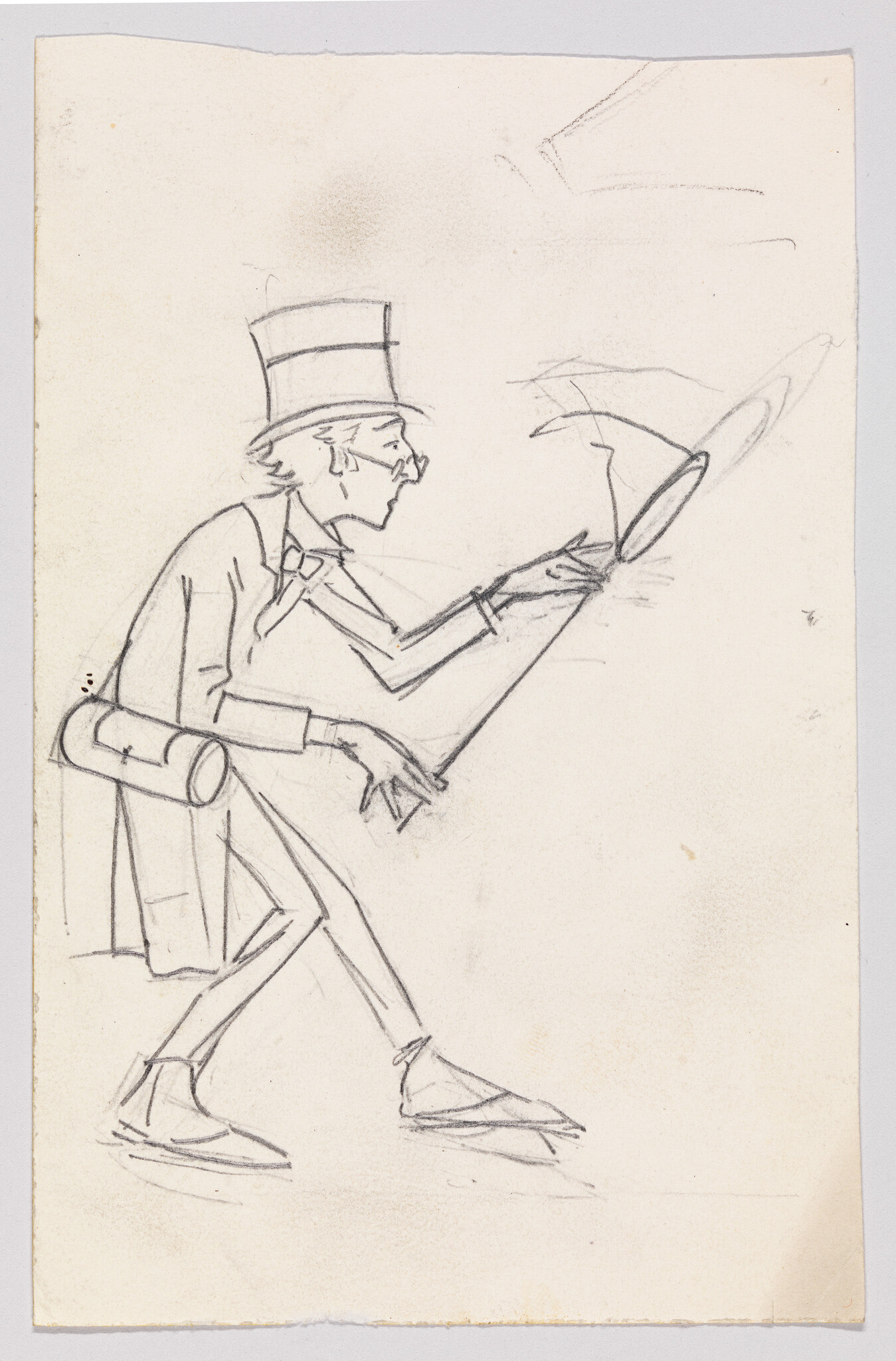 A thin man in a top hat and coat leans forward, extending his hand toward a hat.