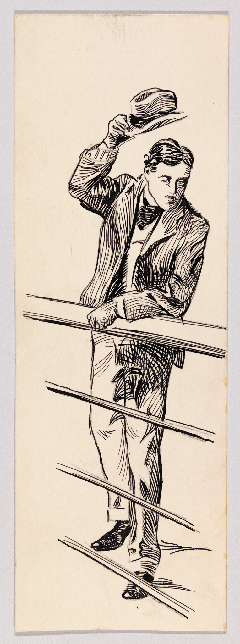 A well-dressed man leans on a railing and lifts his hat in greeting.