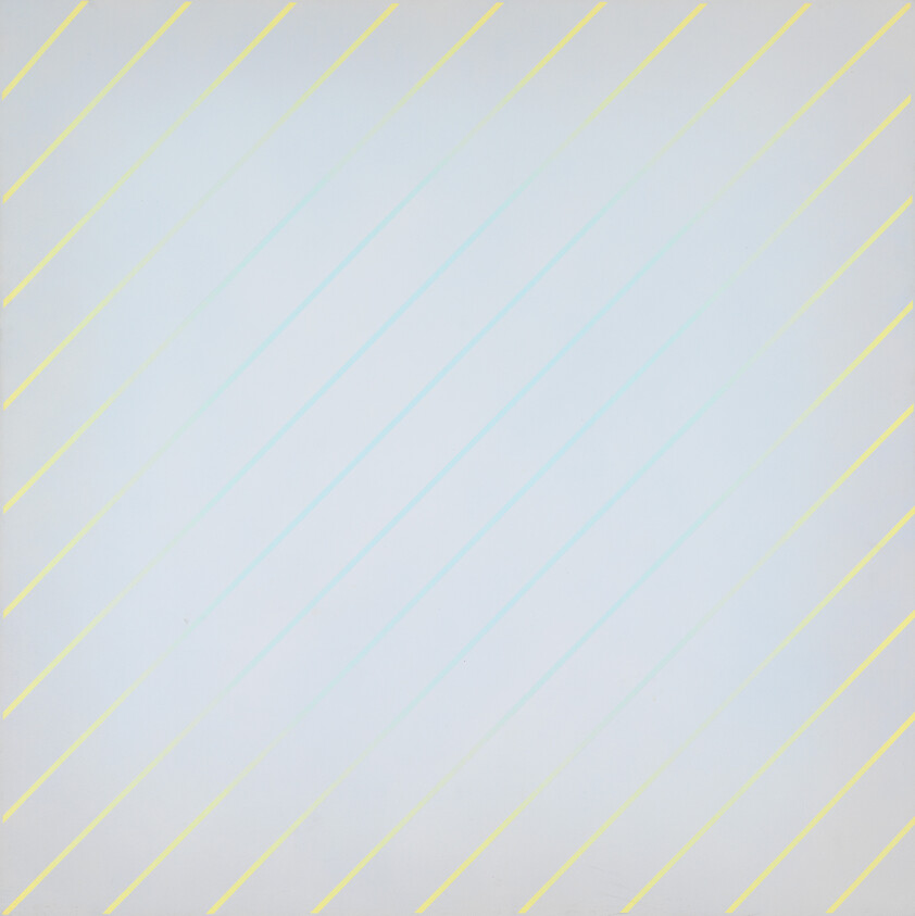 Pale gray background covered with evenly spaced diagonal yellow and light blue thin stripes.