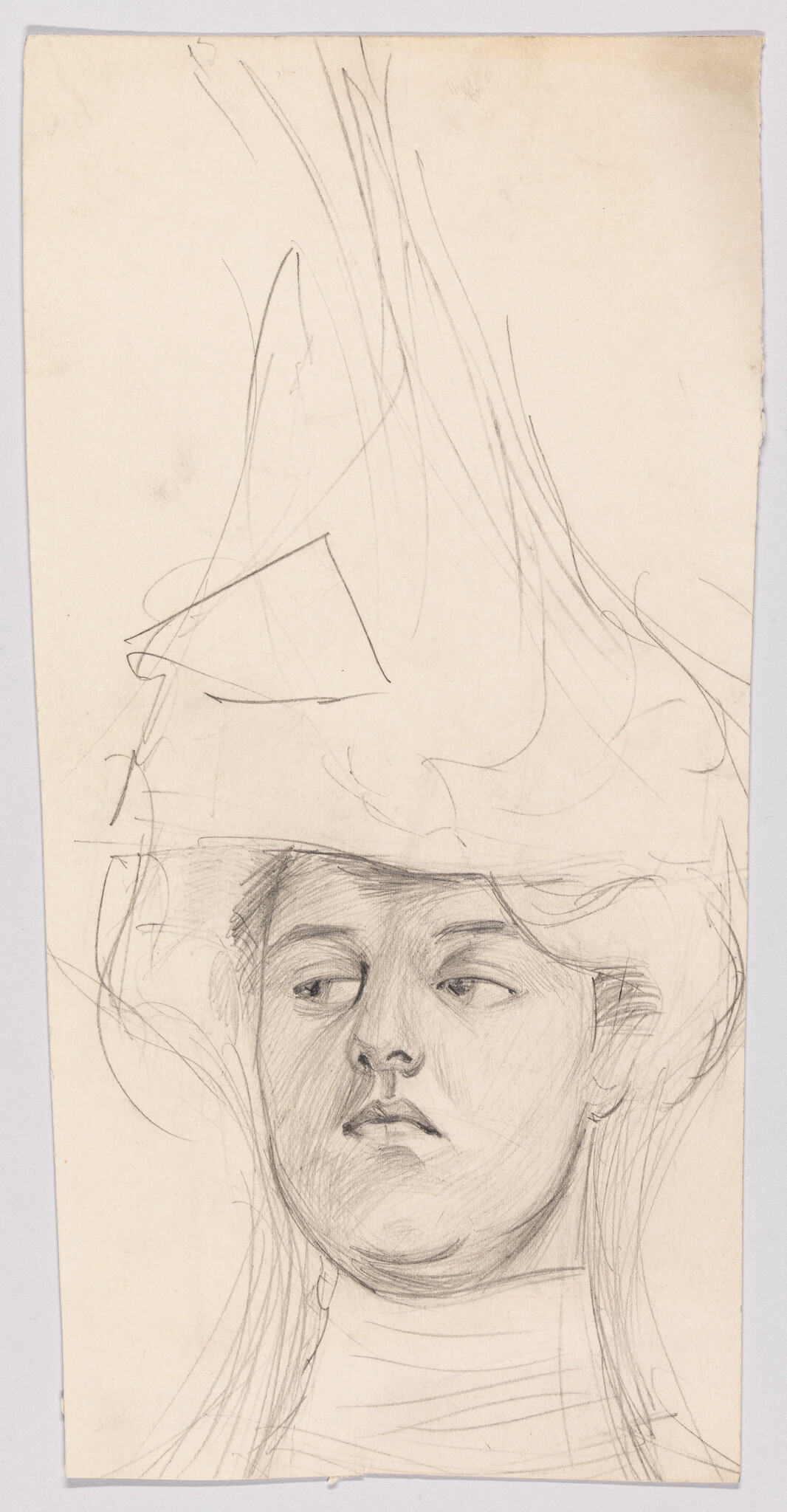 Young woman wearing a tall hat looks to the side in a loose pencil sketch.