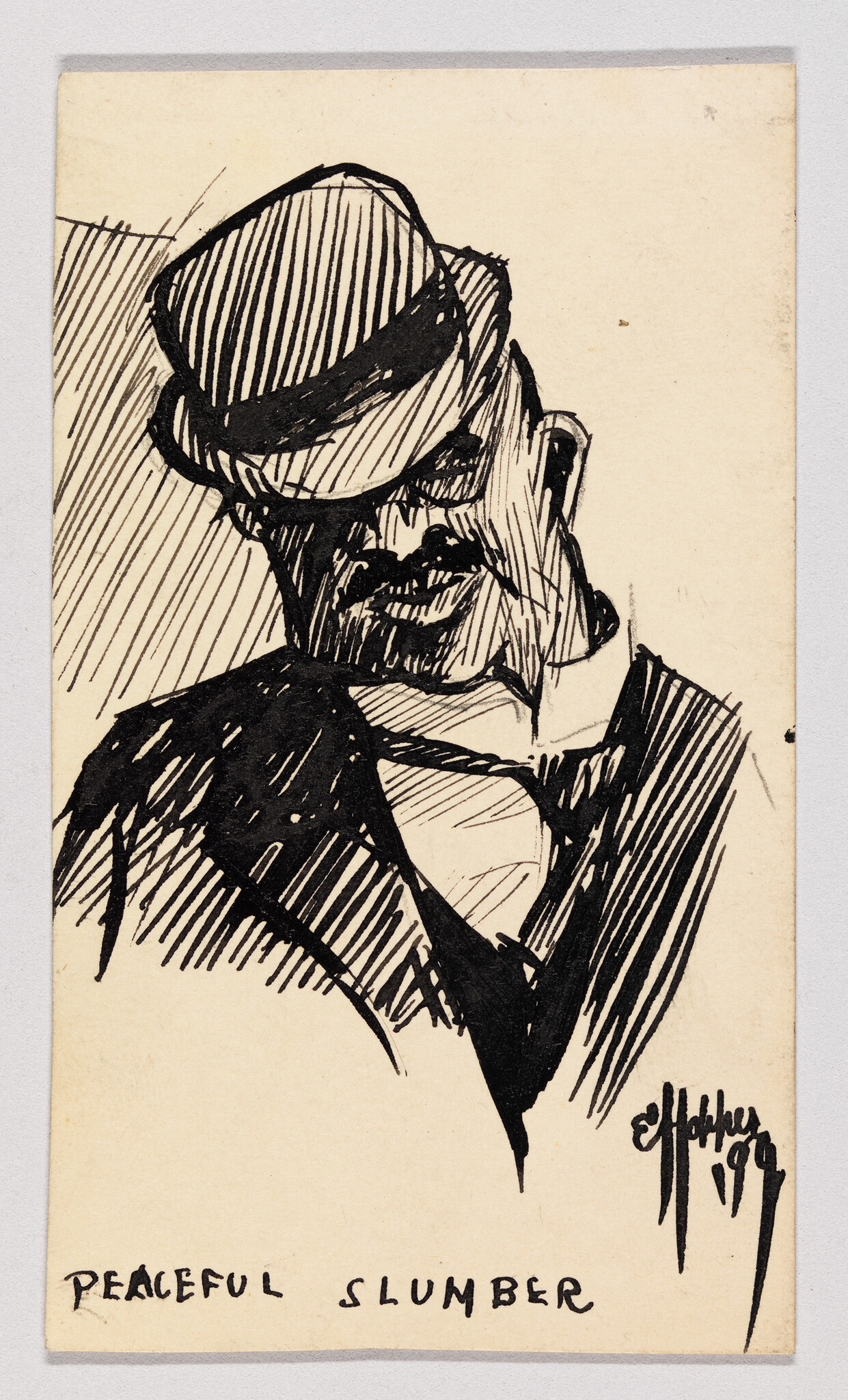 A pen sketch of a man in a hat sleeping with the caption "Peaceful Slumber."