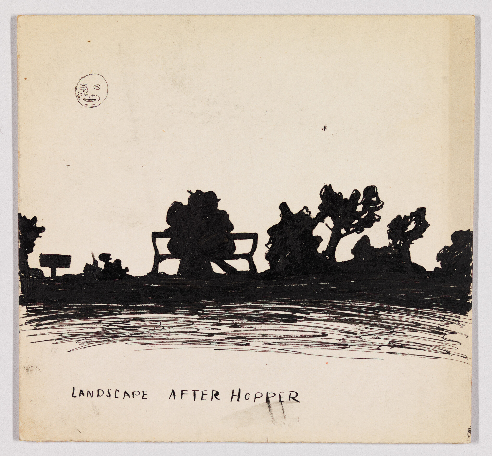 Silhouetted park bench and trees under a small moon with the handwritten title "Landscape After Hopper."