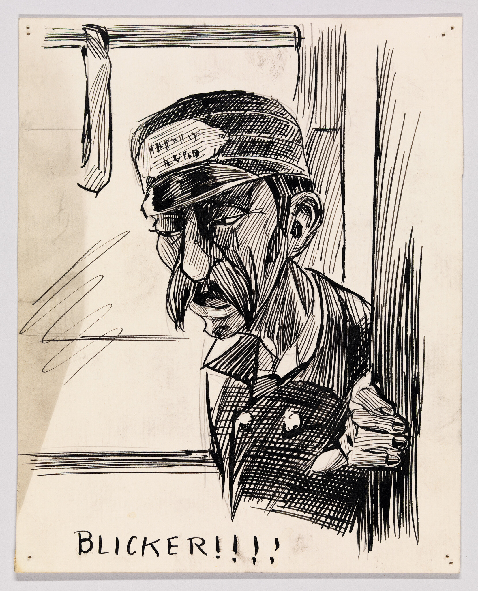 An elderly man with a mustache peers from a doorway, gripping the frame, saying "BLICKER!!!!".