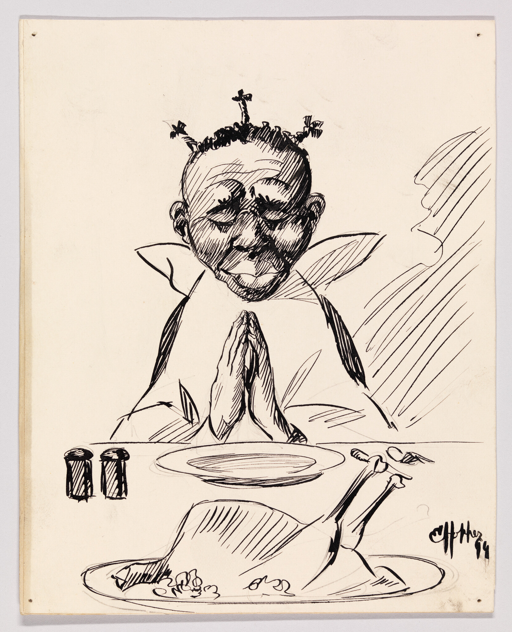 Child with braided hair sits at a table praying before a roasted chicken dinner.