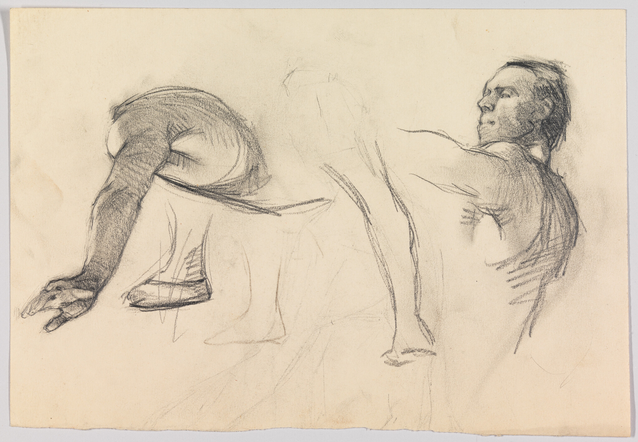 Two charcoal figure studies showing a crouching arm and a turned male torso and head.