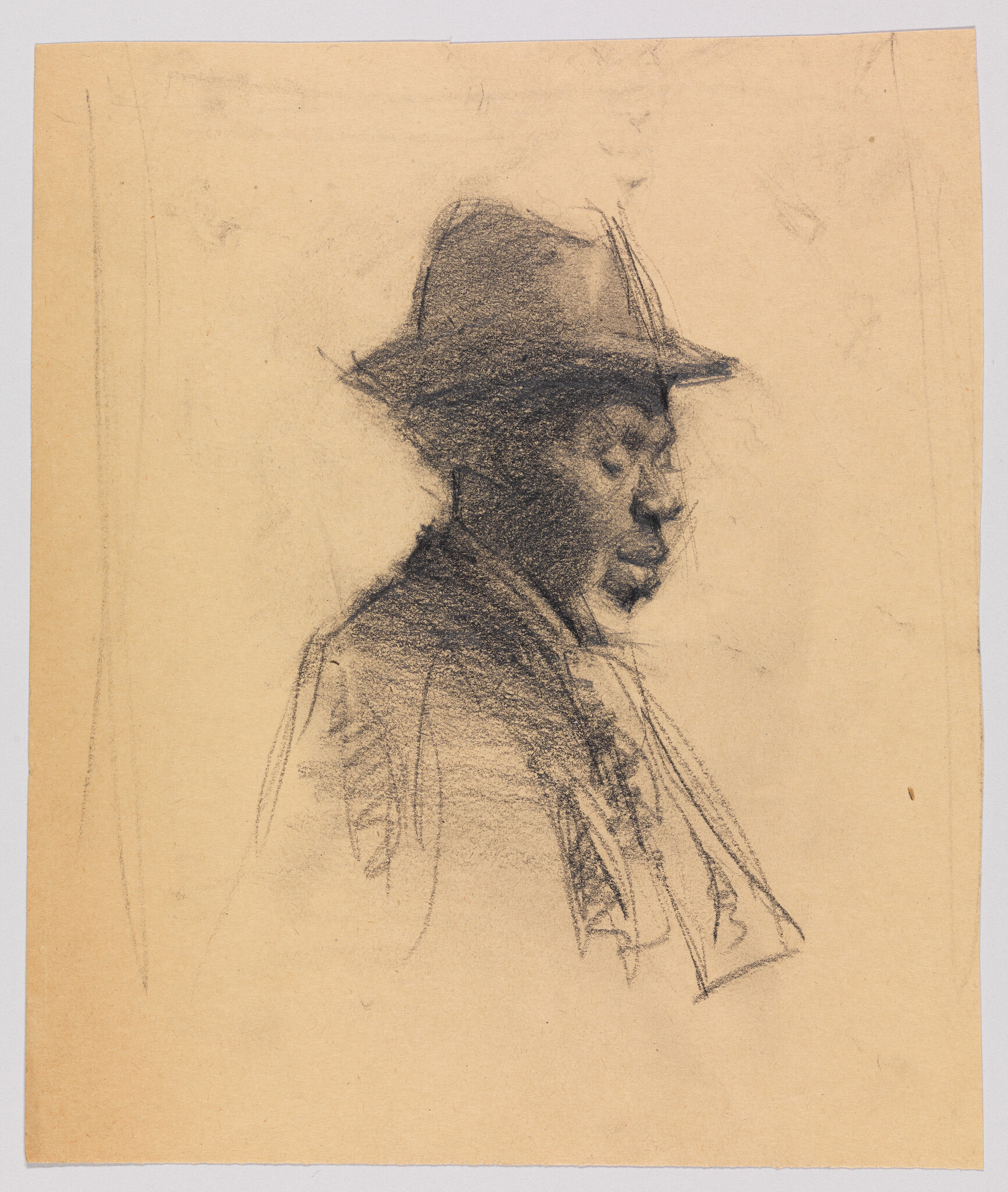 A charcoal sketch of a man in a hat shown in profile looking downward.