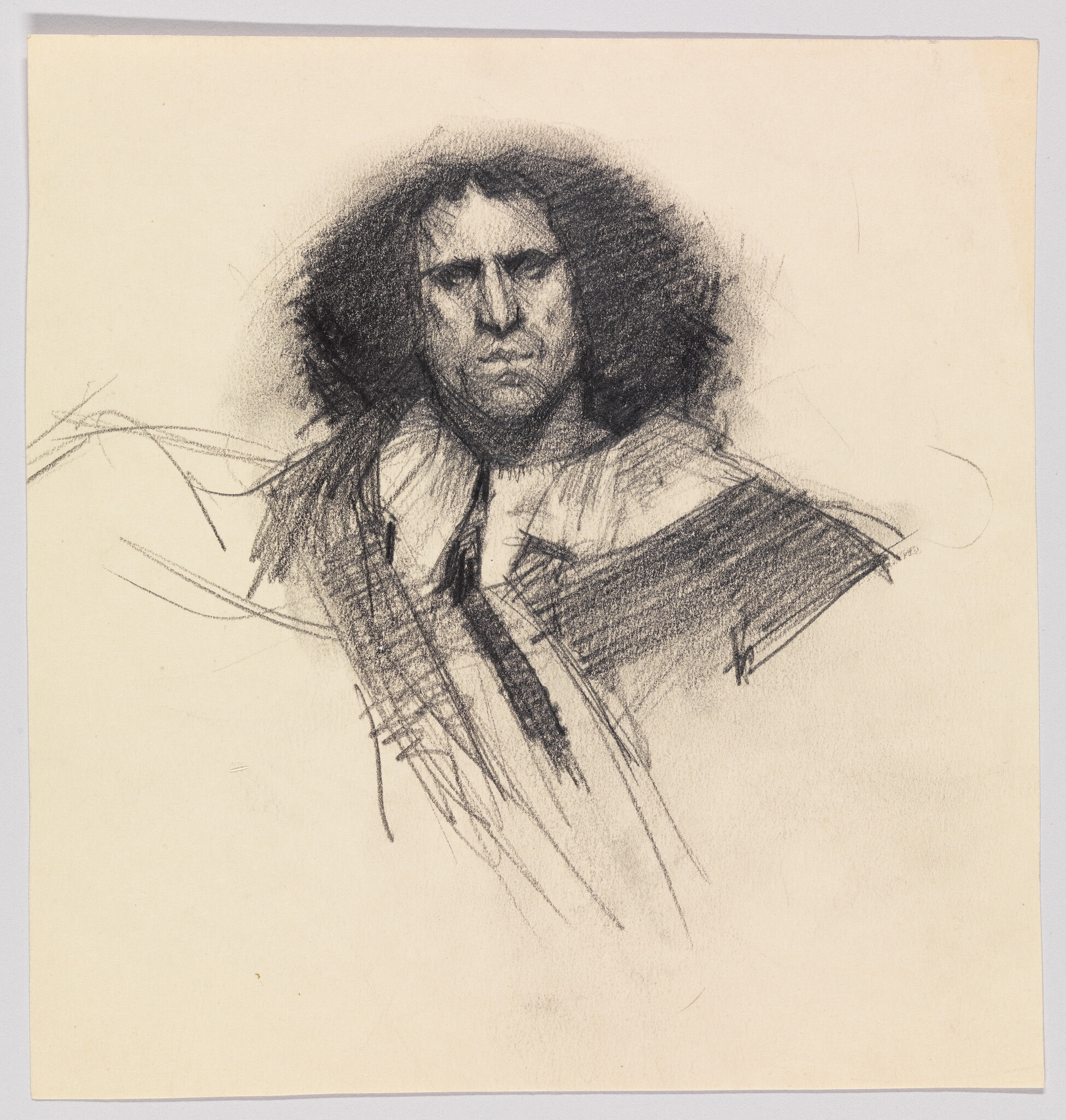A sketch of a person with a stern expression, featuring prominent, dark, wavy hair and a broad-shouldered silhouette with indistinct clothing details. The drawing is executed in a loose, expressive style with visible strokes on a cream-colored paper.