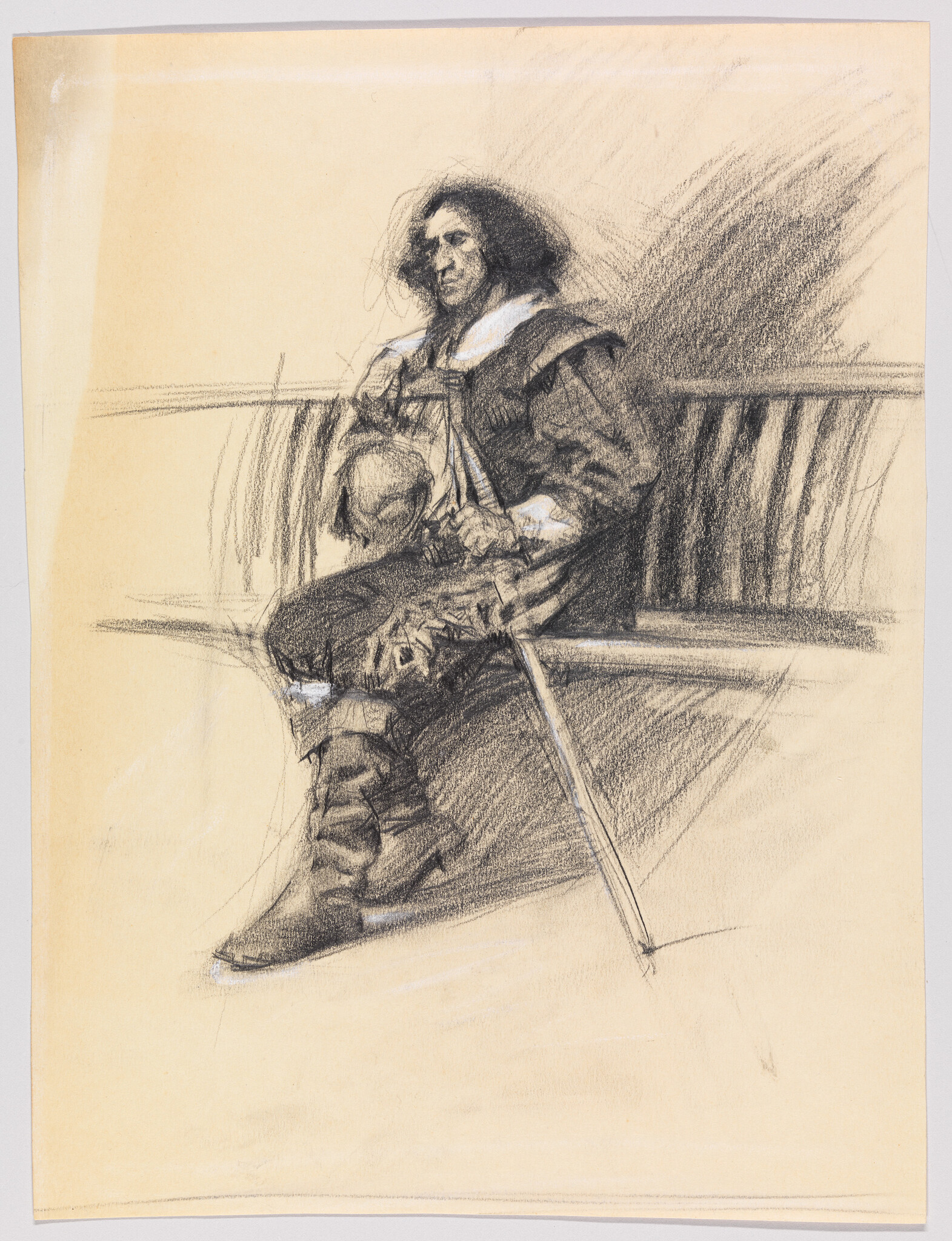 A detailed sketch of a seated figure in historical clothing, possibly from the 17th century, with a wide-brimmed hat and a sword resting between the legs. The figure appears contemplative, with a hand resting on the hilt of the sword and the other on the thigh. The background is lightly sketched, suggesting an interior setting with a bench and shadowy elements. The paper has a yellowish tint, and the drawing is executed in a combination of fine lines and shading, giving it a dynamic and textured appearance.