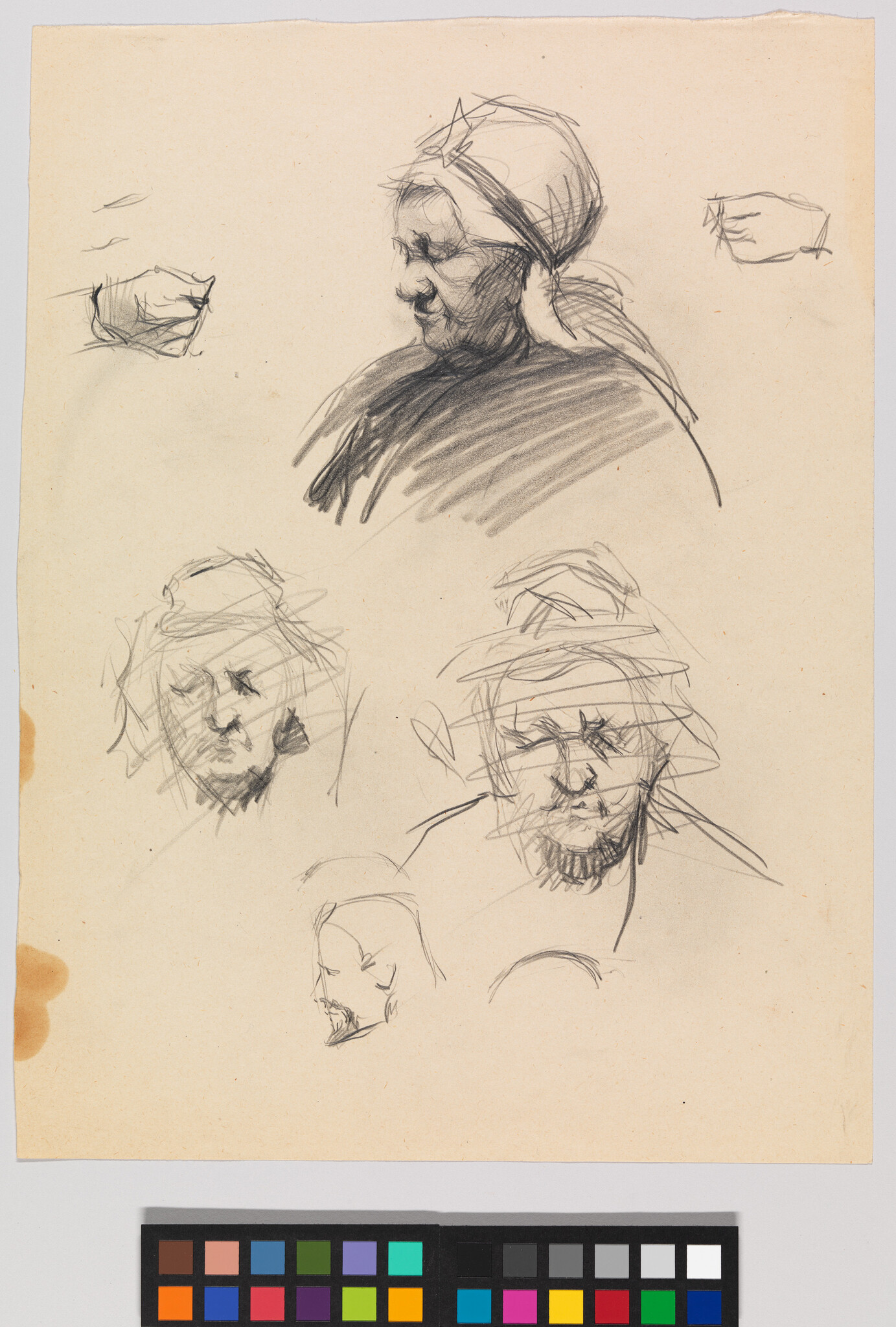 Several pencil head sketches showing a woman in profile wearing a headscarf and rough male faces.