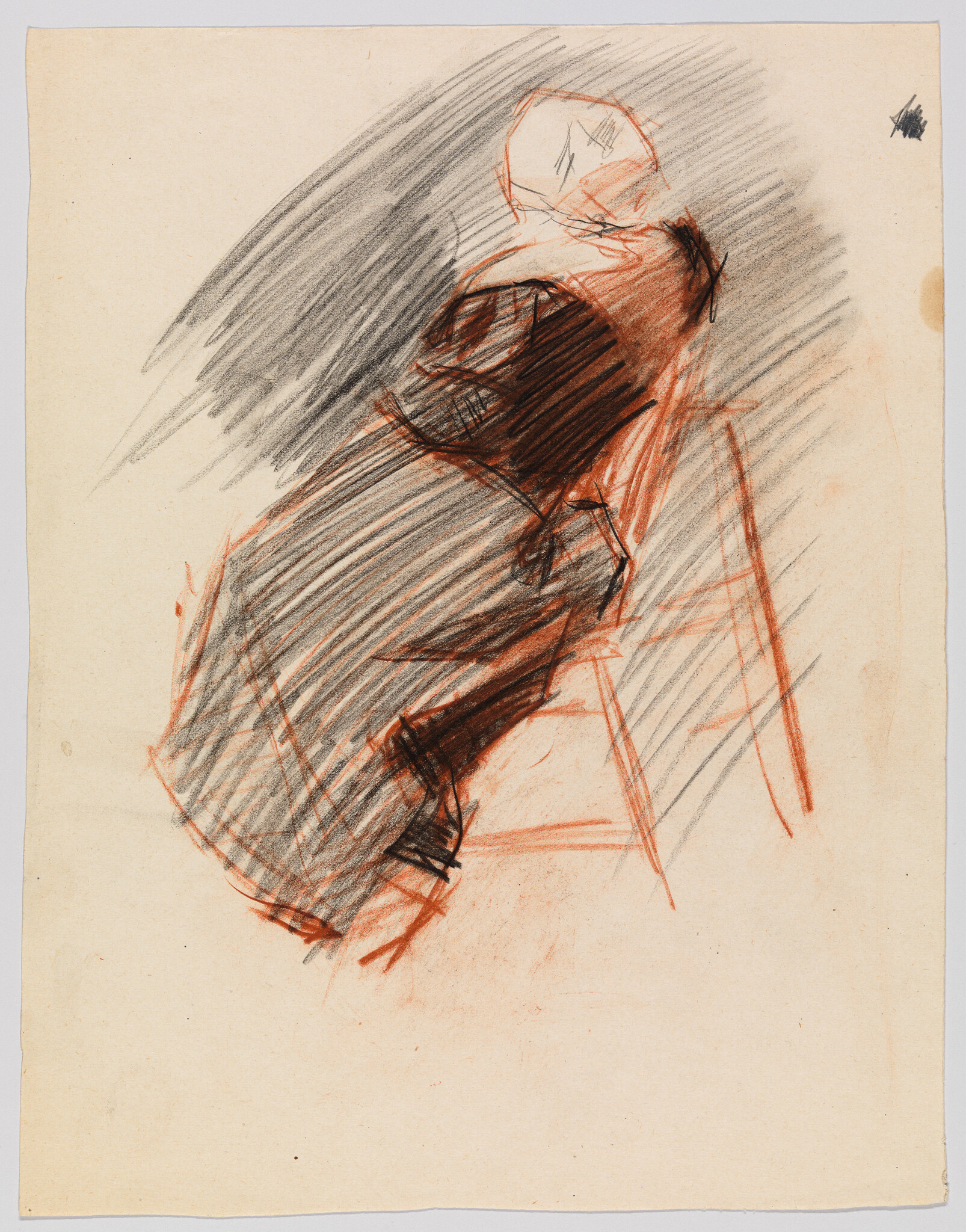 A loose charcoal and red chalk sketch of a seated figure leaning forward on a chair.