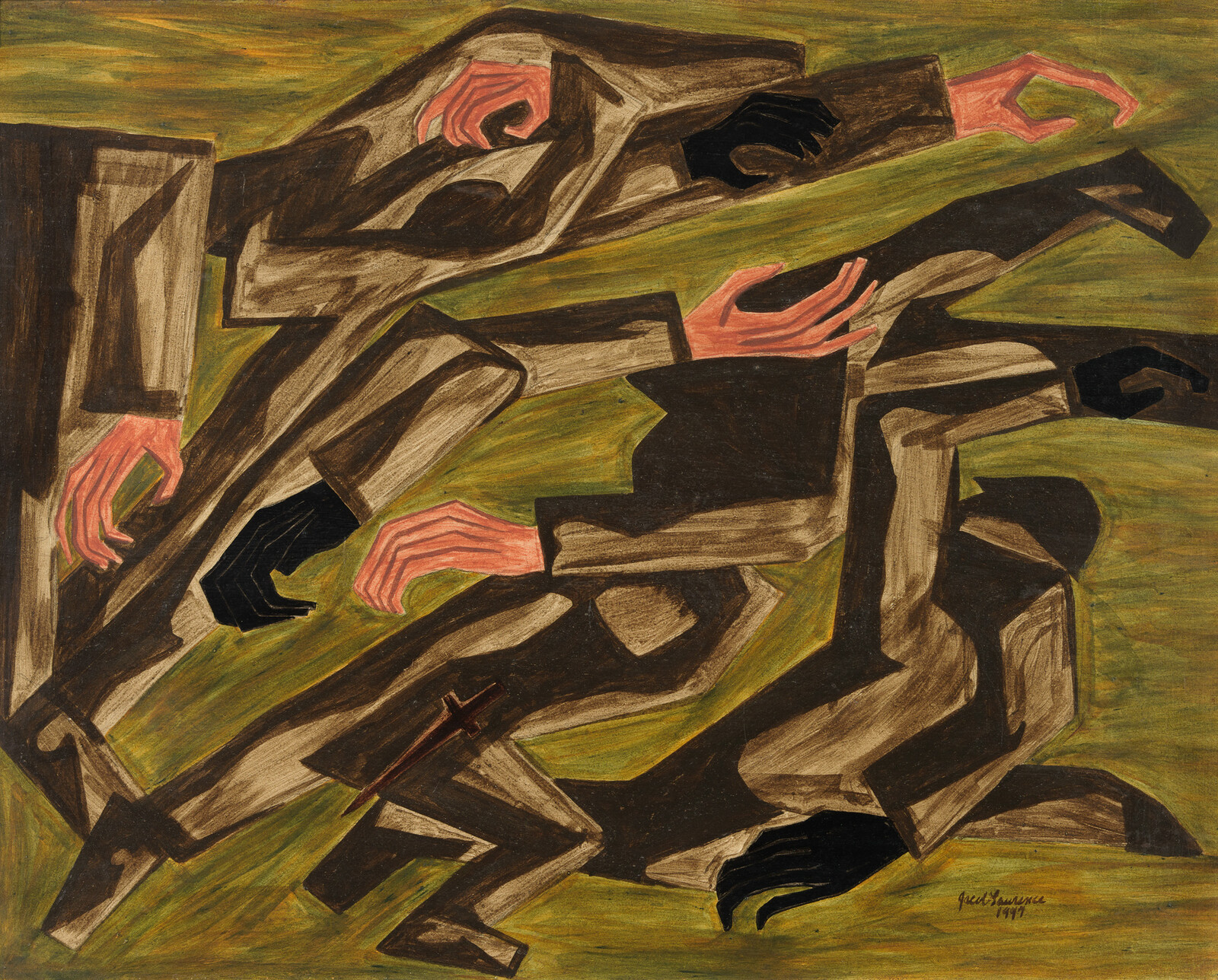 Abstract painting of three figures in motion with angular limbs and contrasting colors on a green background.