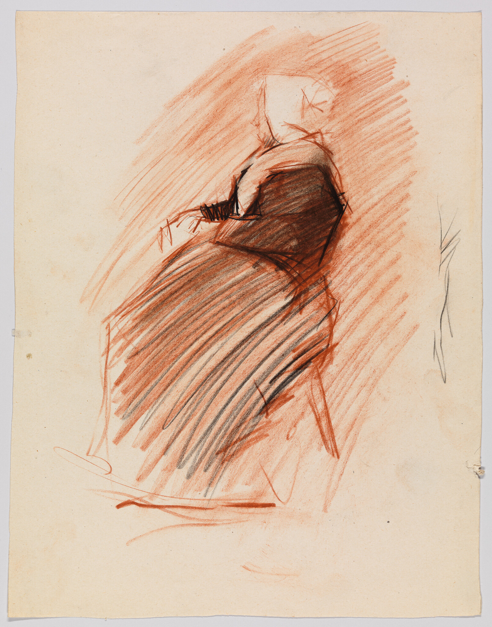 A charcoal and red chalk sketch of a seated woman in a bonnet, seen from behind.