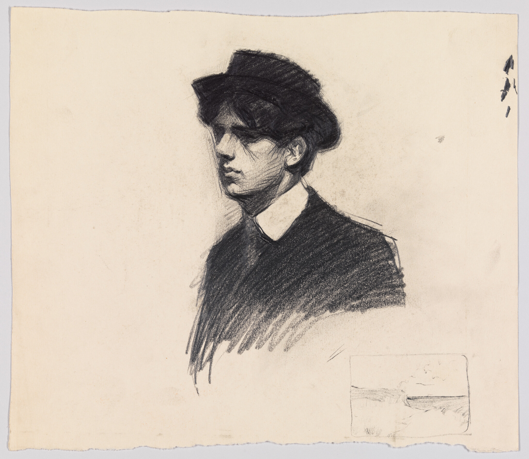 Young man in a hat and collared shirt gazes slightly downward in a charcoal sketch.