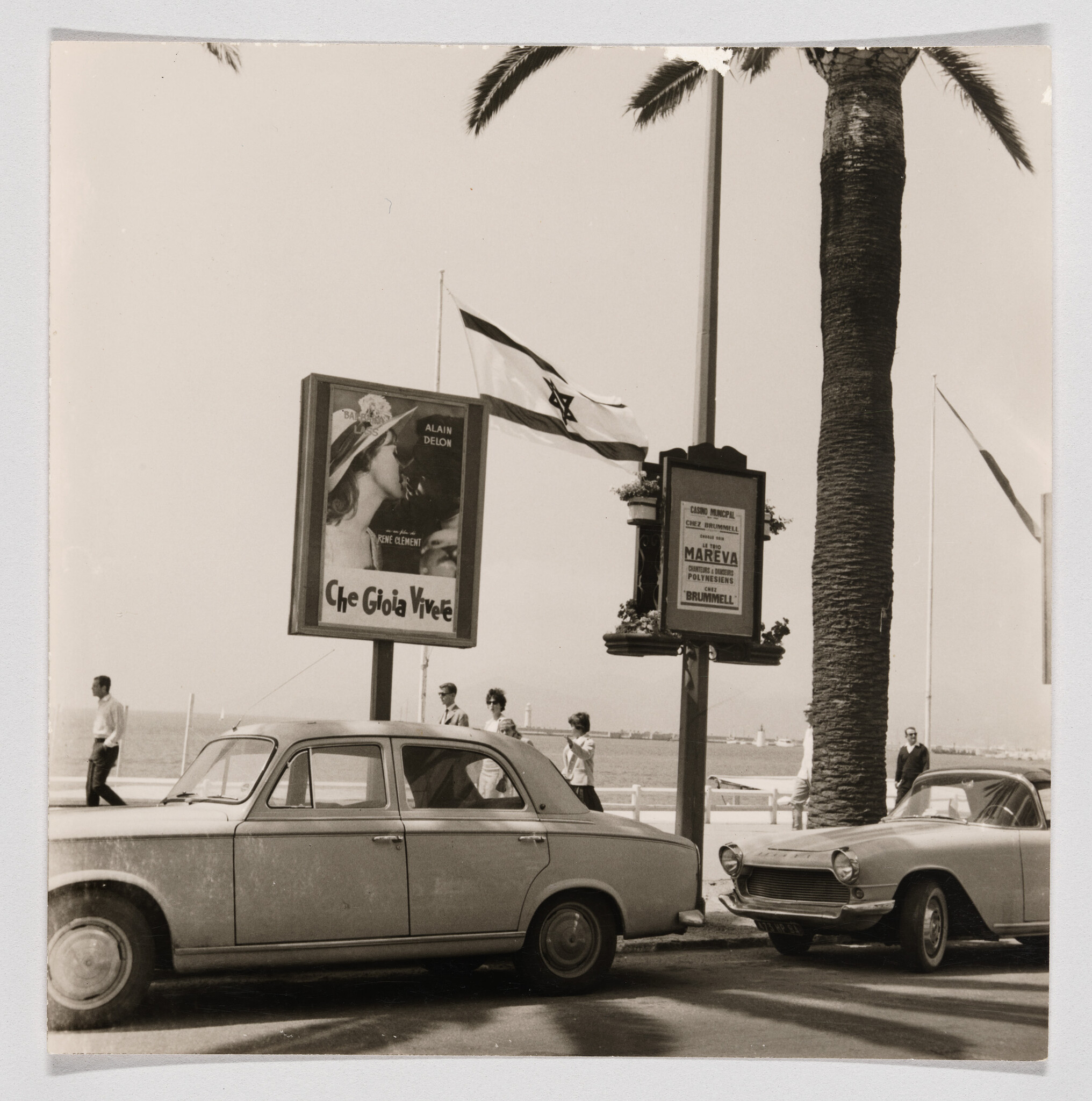 Two vintage cars parked by a seaside promenade under a waving Israeli flag and billboards.