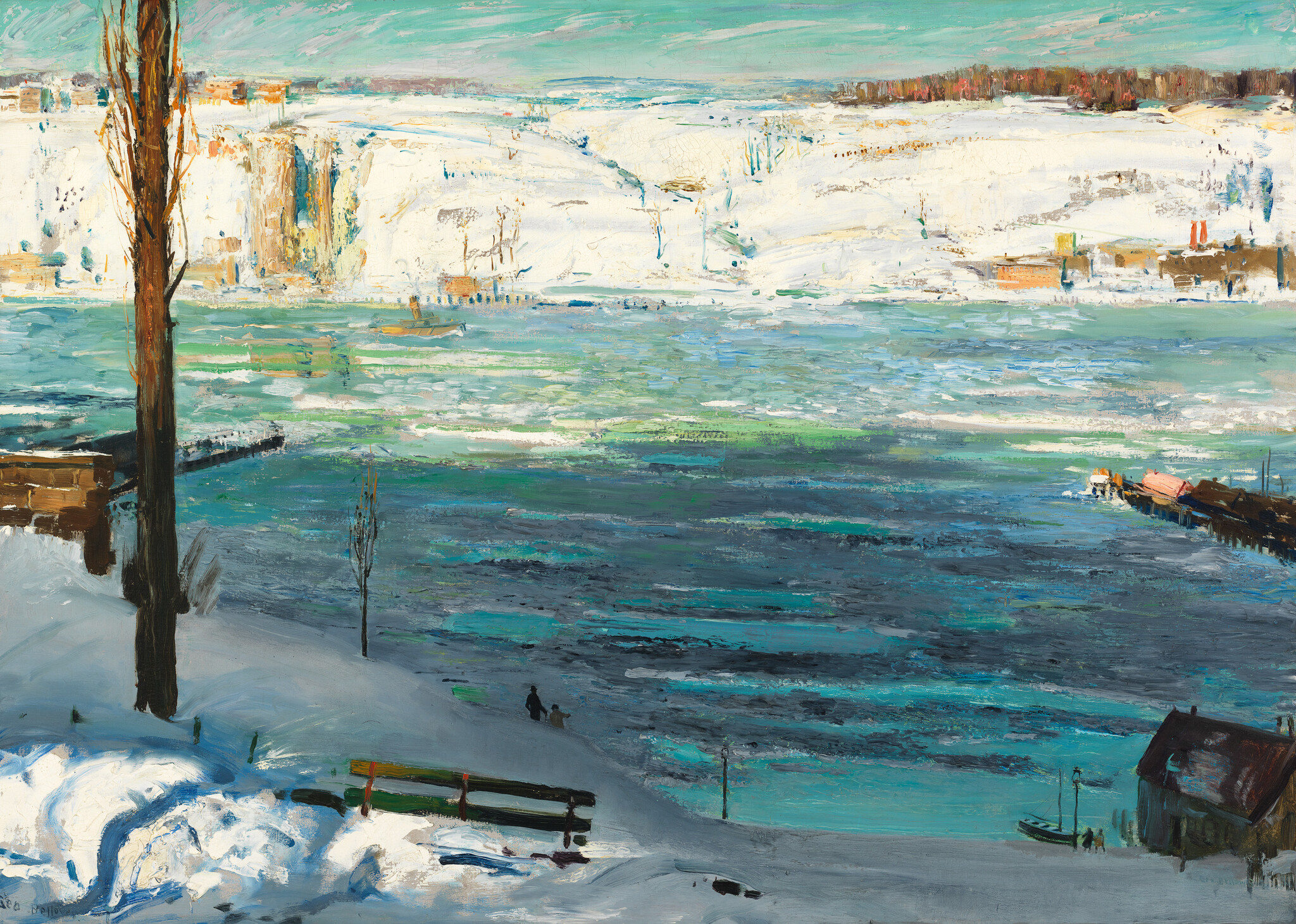 Snow-covered riverbank with two people walking near the water and boats docked nearby.