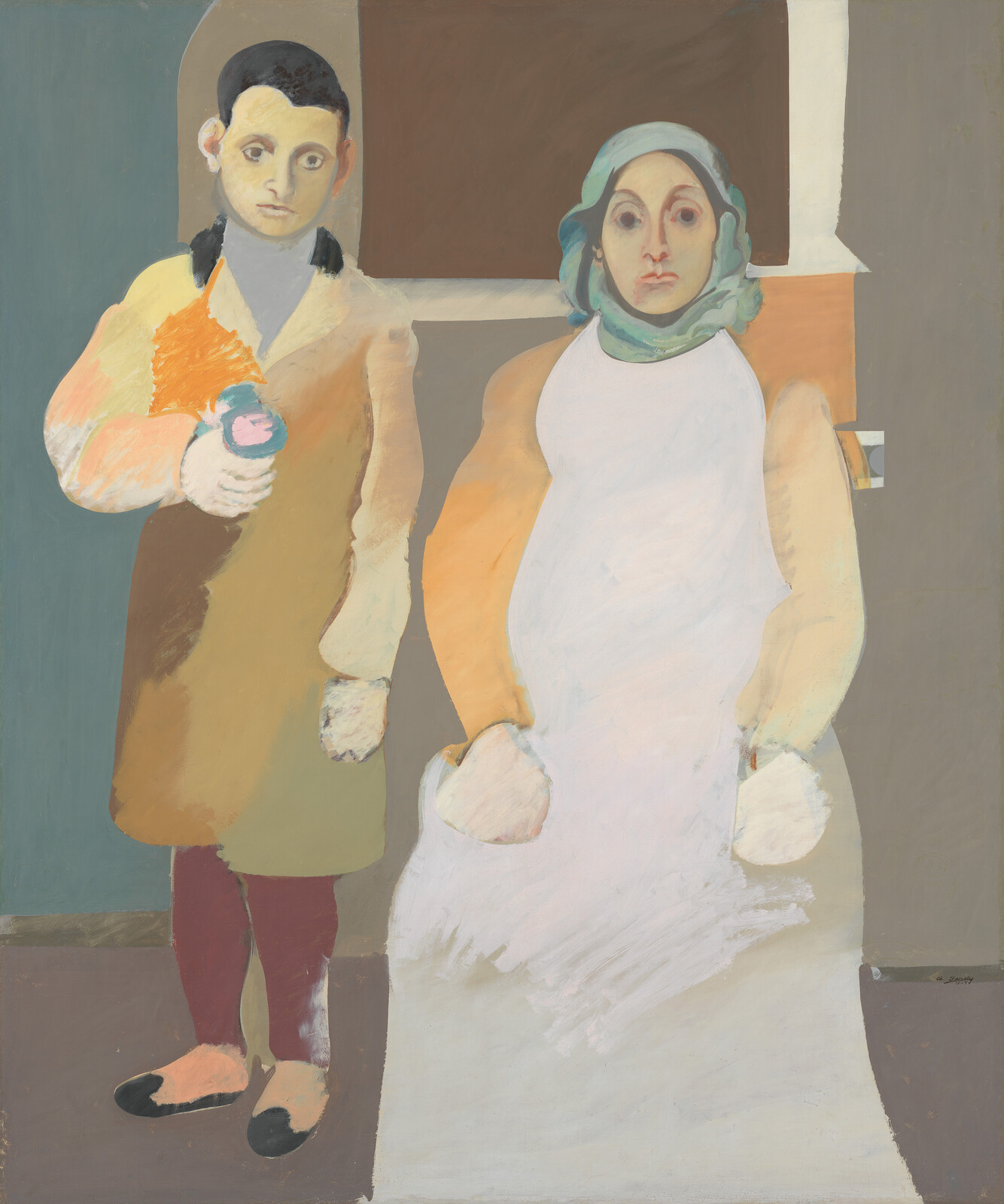 Two abstract figures stand side by side, one holding a small object, both with neutral expressions.