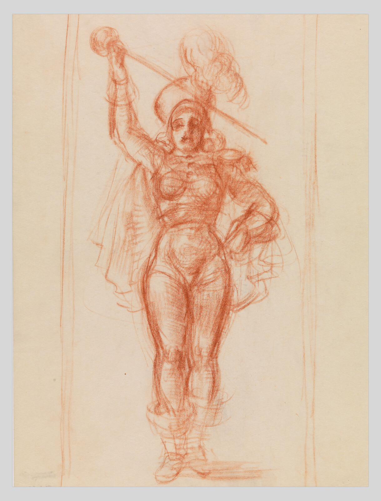 A standing woman in armor and cape raises a staff above her head in a red chalk sketch.