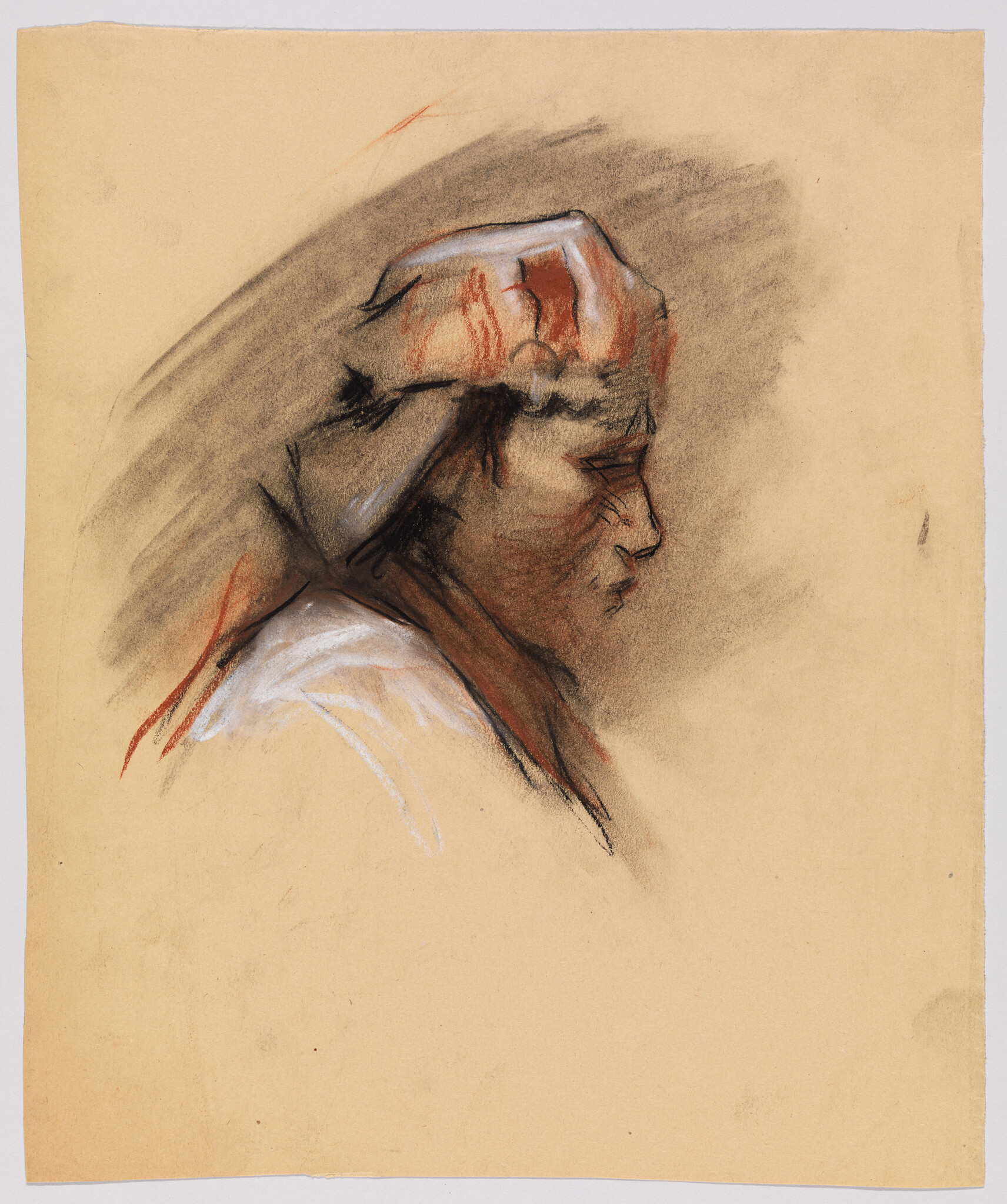 Woman in profile wearing a headscarf, sketched in soft charcoal with red highlights.