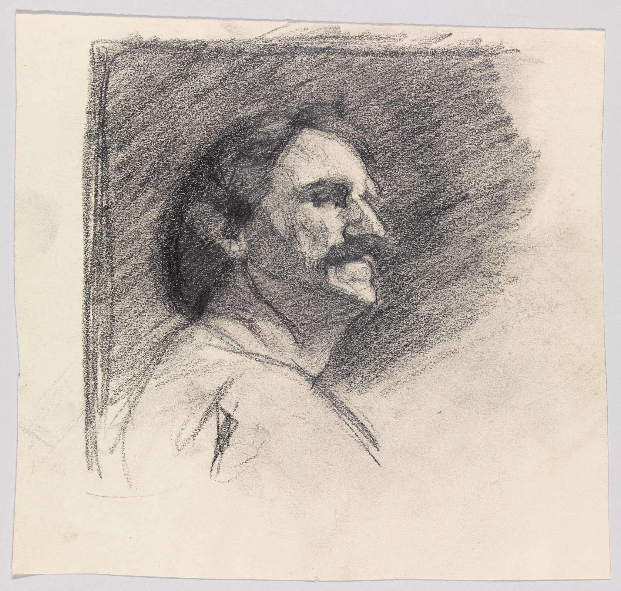 A charcoal portrait sketch of a smiling man in profile with a mustache and dark shading.