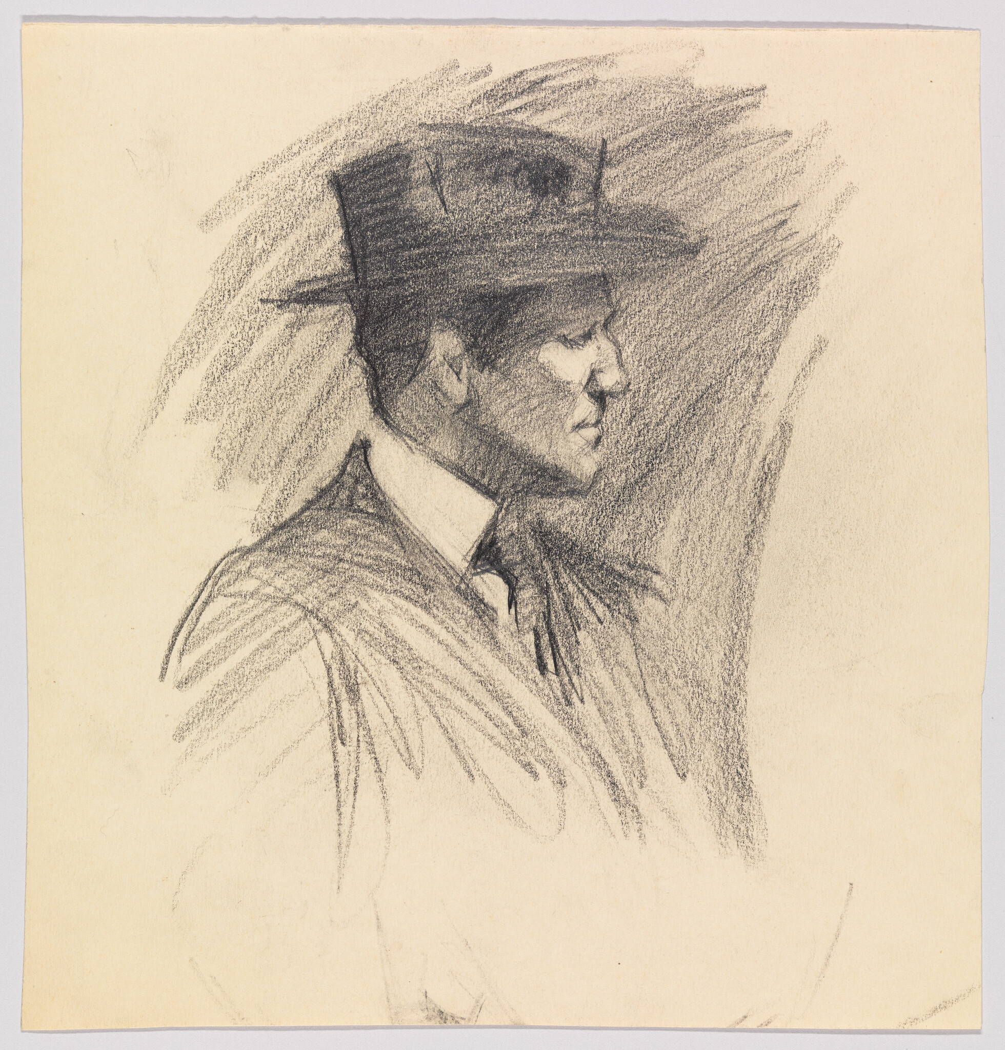 Man in profile wearing a hat and tie, drawn in loose charcoal sketch strokes.