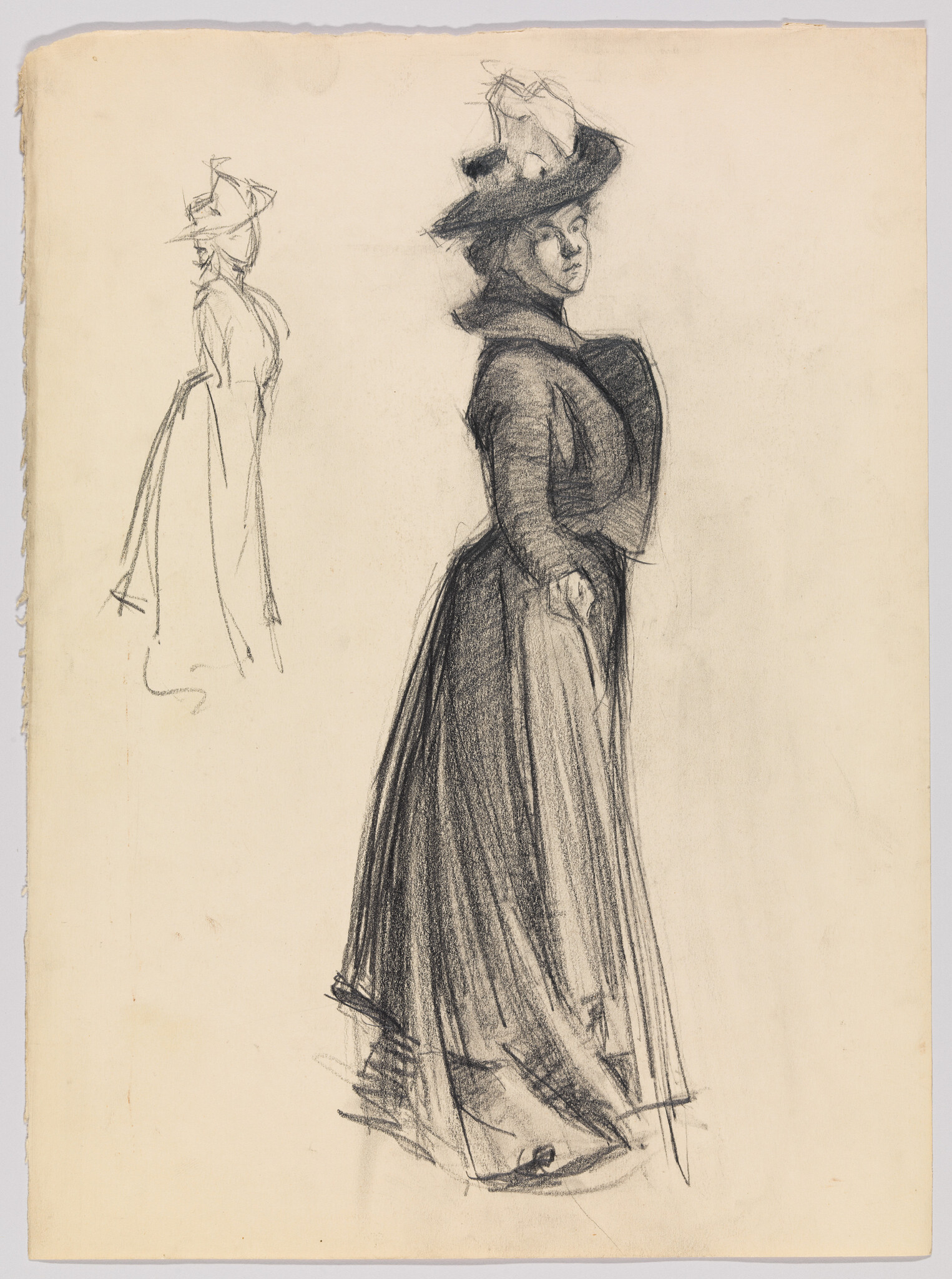 A charcoal sketch of a woman in a long skirt and wide hat standing turned slightly.