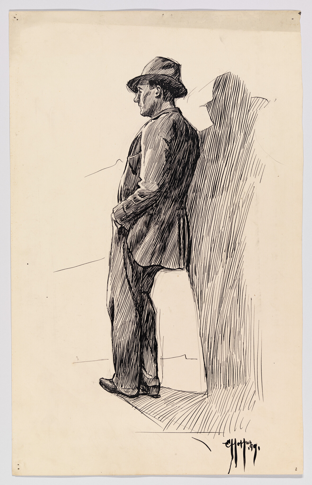 A pen and ink drawing of a man in profile wearing a hat and overcoat, standing and leaning against a wall with his hands in his pockets. The artwork has a sketch-like quality with visible hatching and cross-hatching lines, and there's a signature at the bottom right corner. The paper appears aged with a yellowish tint.