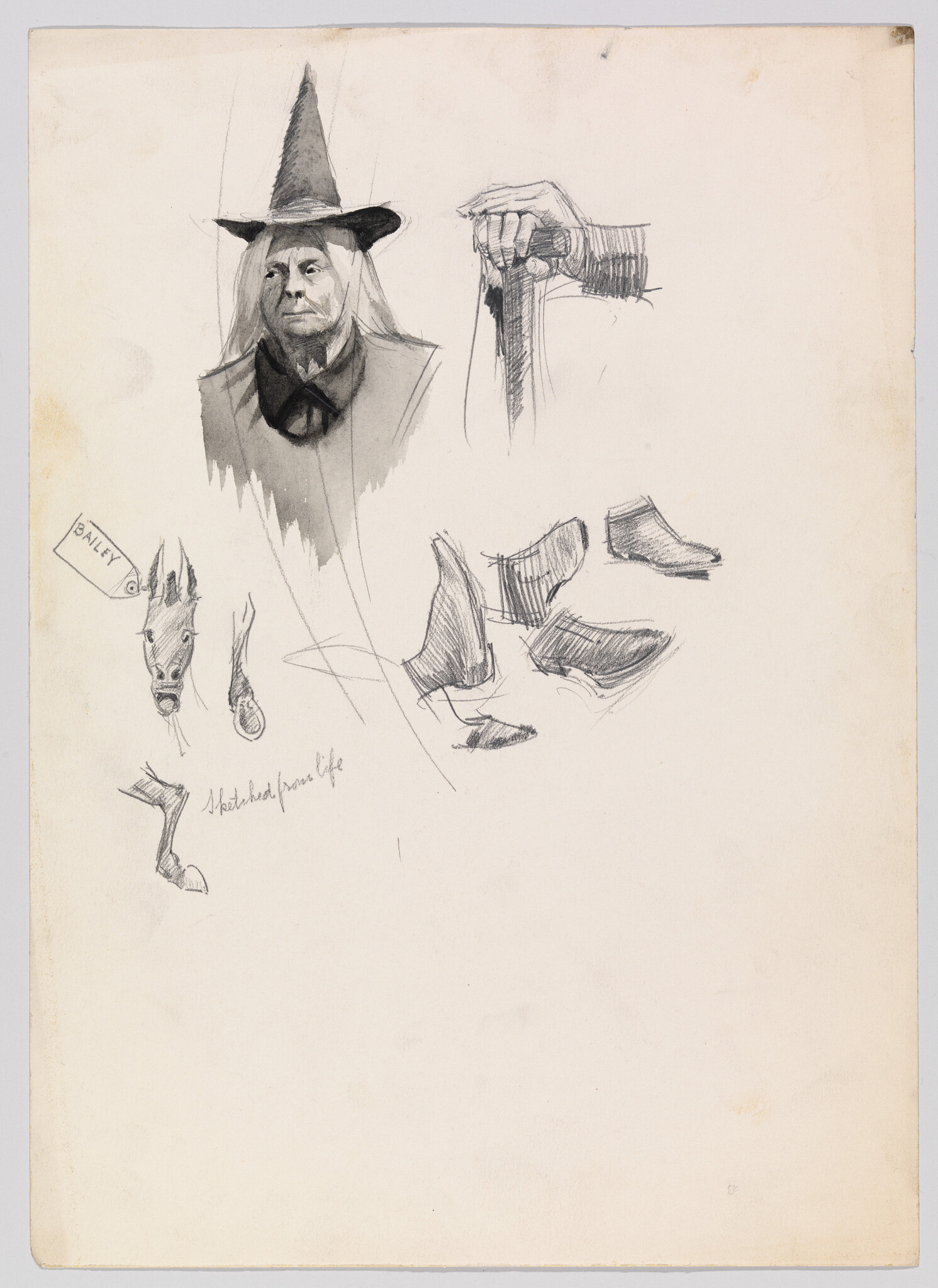 An elderly witch wearing a pointed hat is sketched alongside a gripping hand and shoe studies.