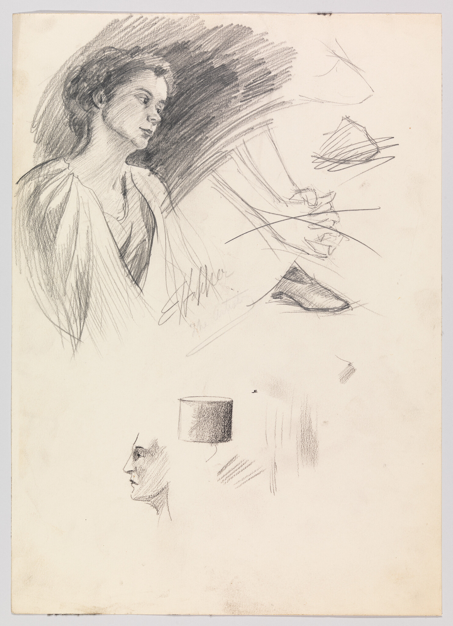 A pencil sketch showing a woman’s profile and several quick studies of hands and shapes.