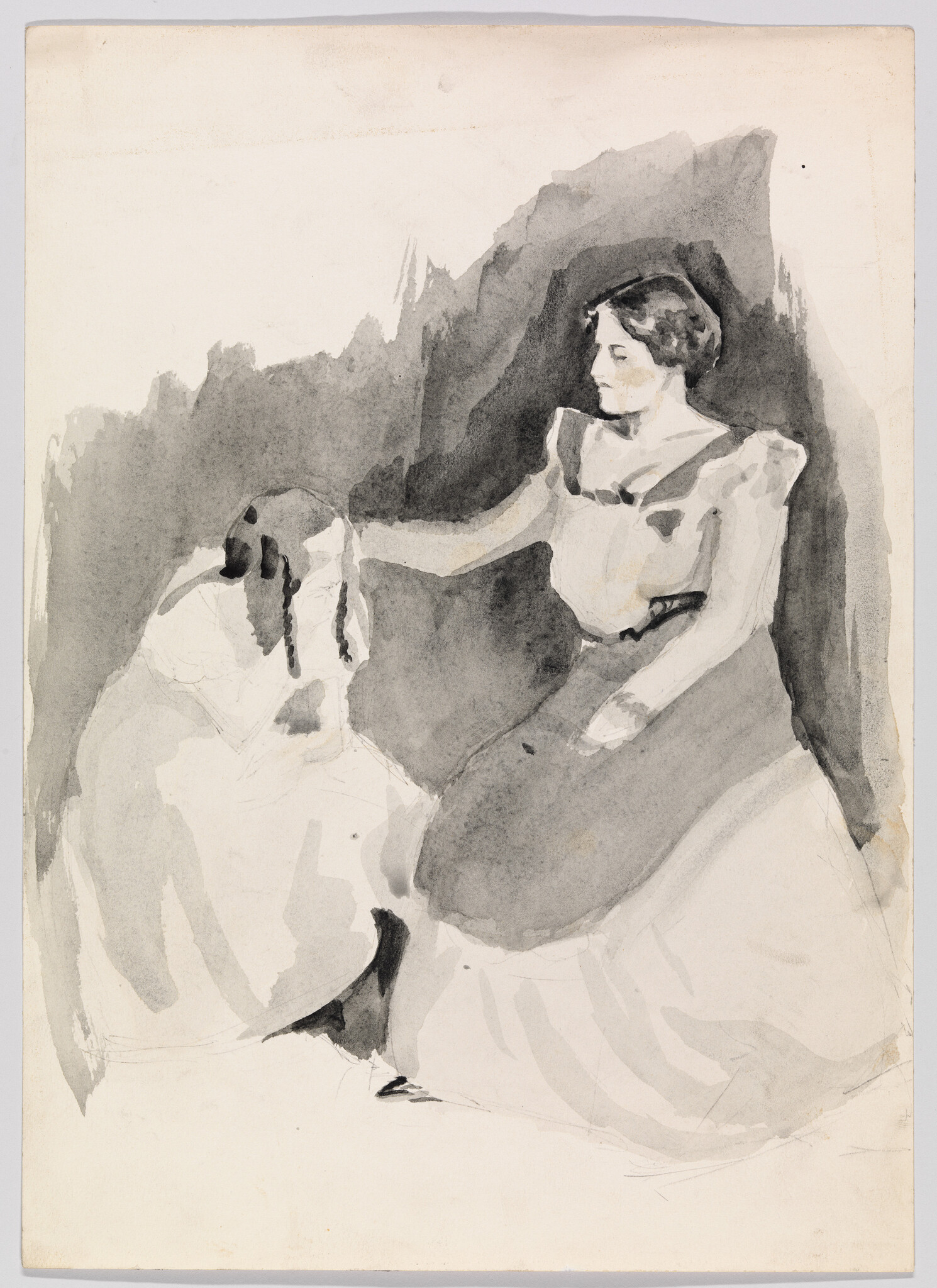 A woman gently places her hand on another woman's bowed head, offering comfort.