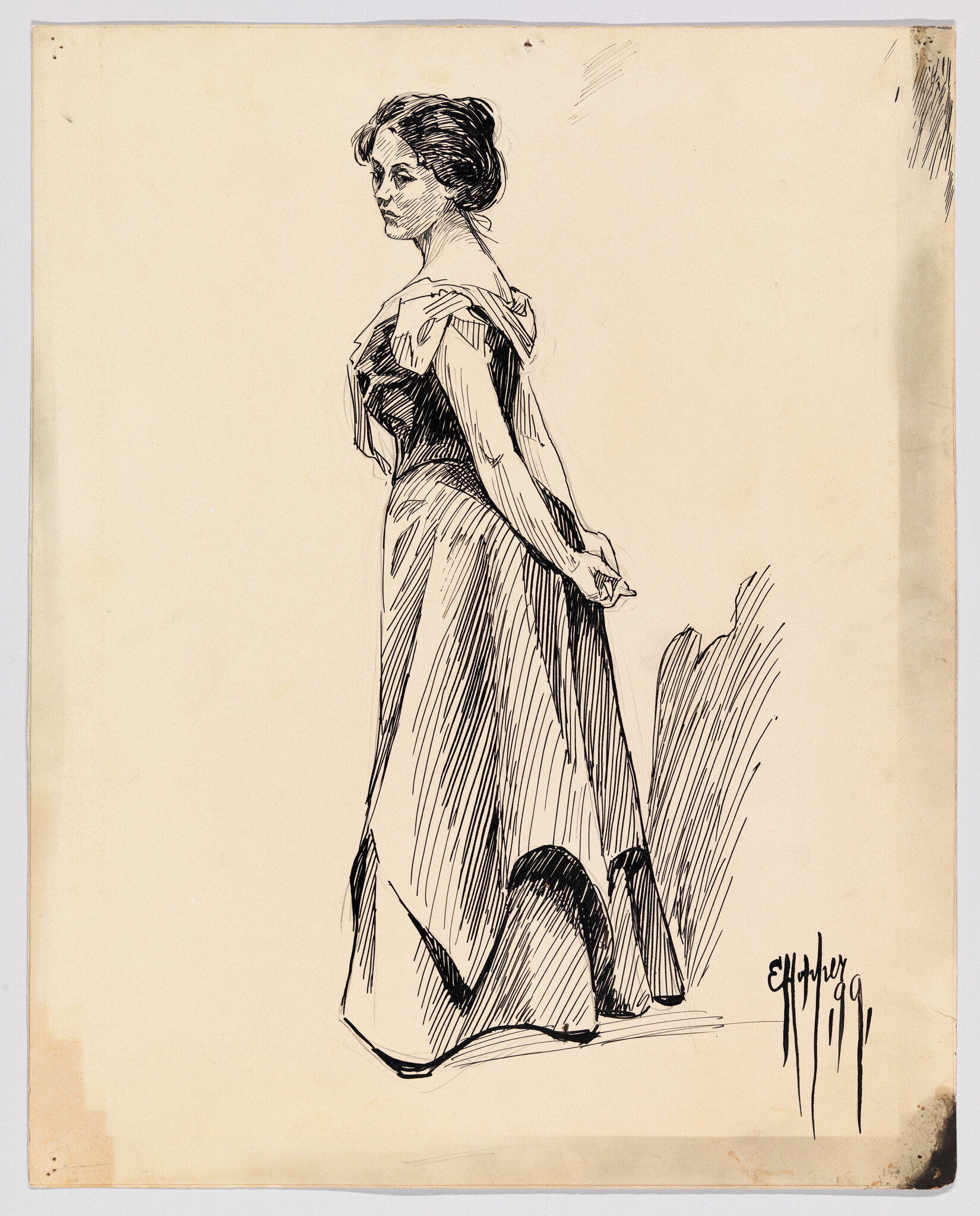 A woman in a long dress stands with hands behind her back, looking over her shoulder.