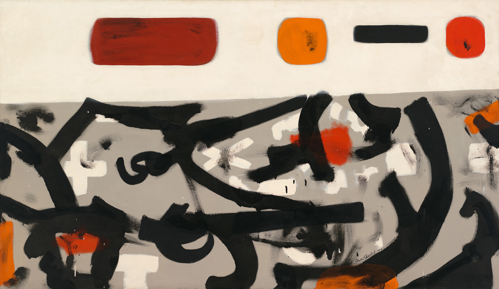Bold black brushstrokes sweep across a gray background with orange and red rectangular accents.