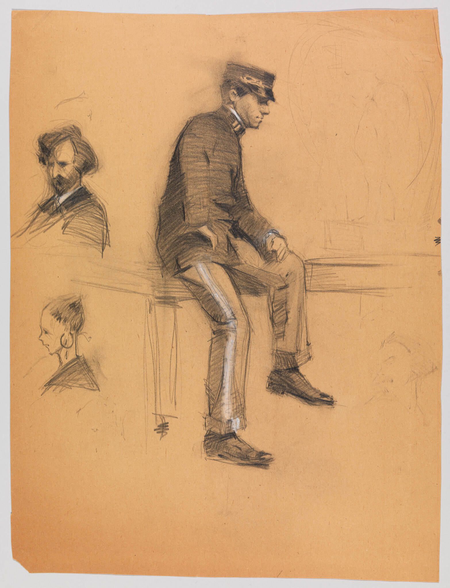 A man in a uniform cap sits on a bench in a charcoal sketch.