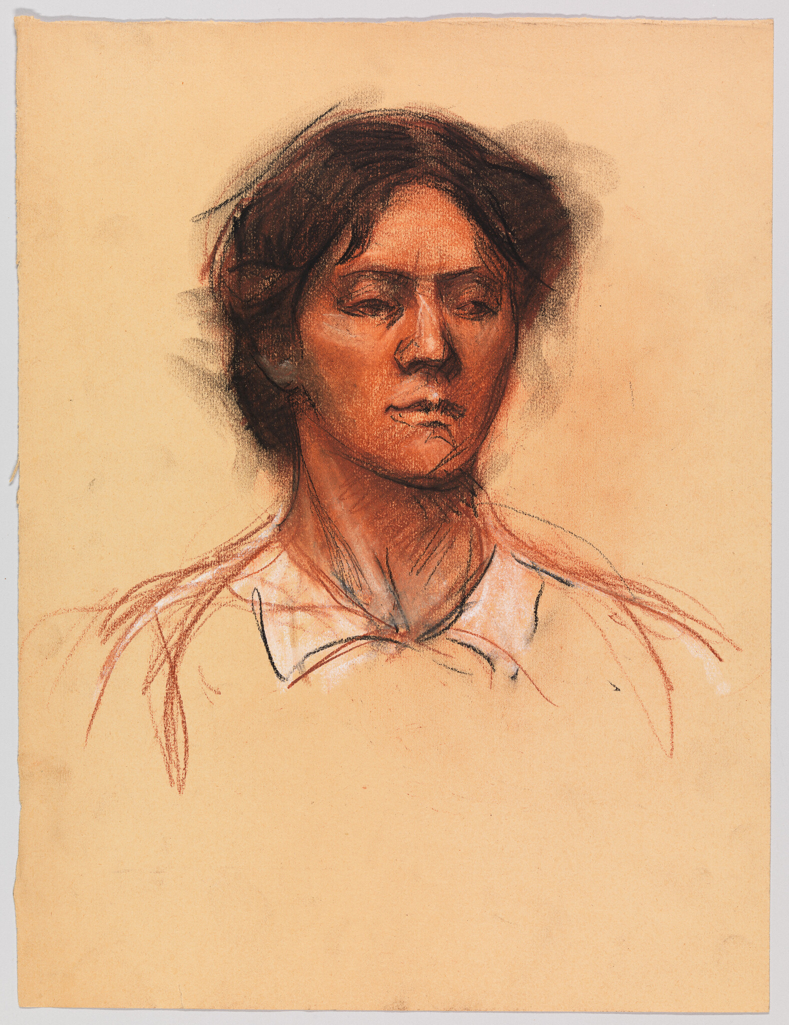 A charcoal and pastel portrait of a woman's head and shoulders with a thoughtful expression.