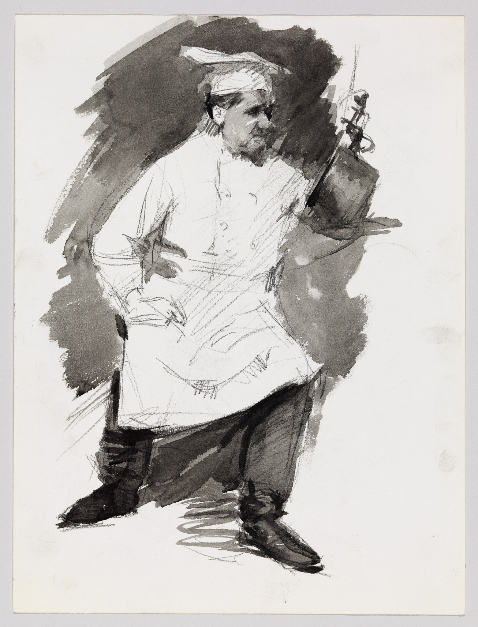 A sketch of a standing chef with hands on hips holding a pan in one hand.