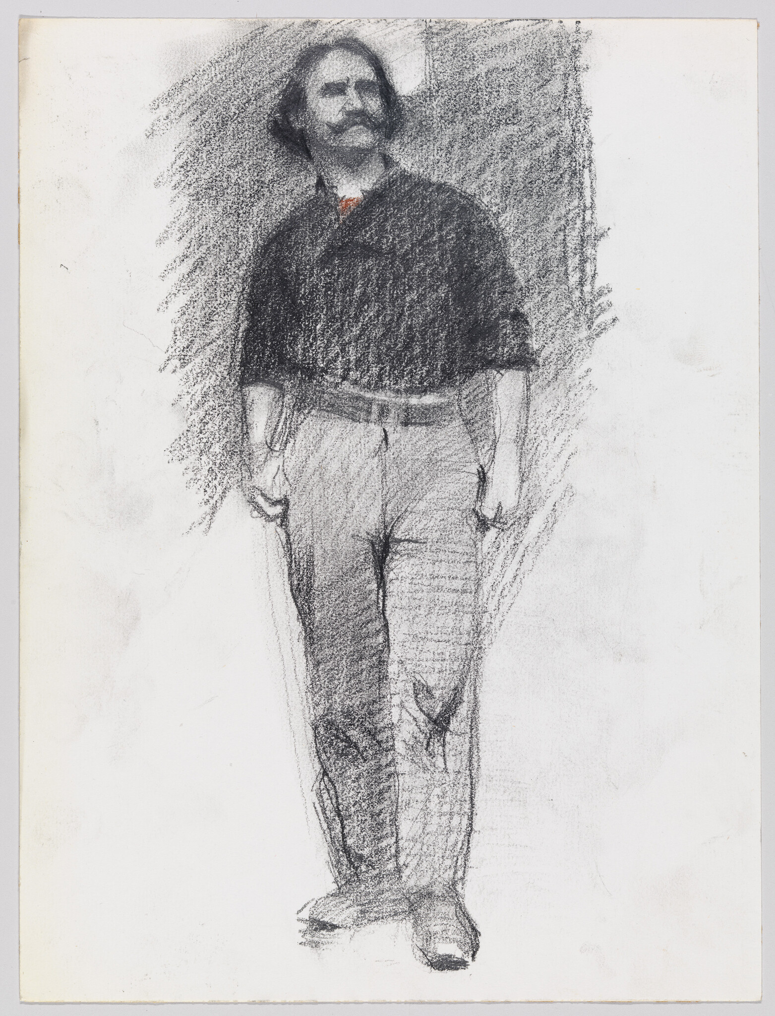 A standing man with a mustache and hands in his pockets, sketched in charcoal.
