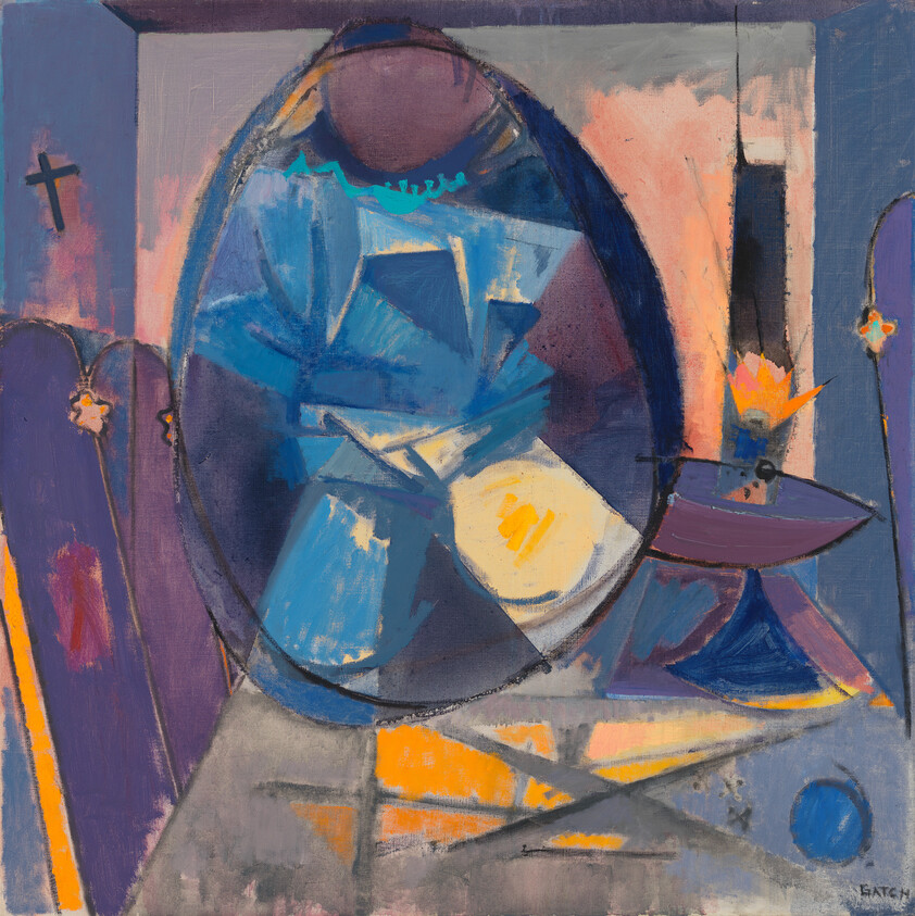 A blue abstract composition with a large oval form, table with candle, and small cross.