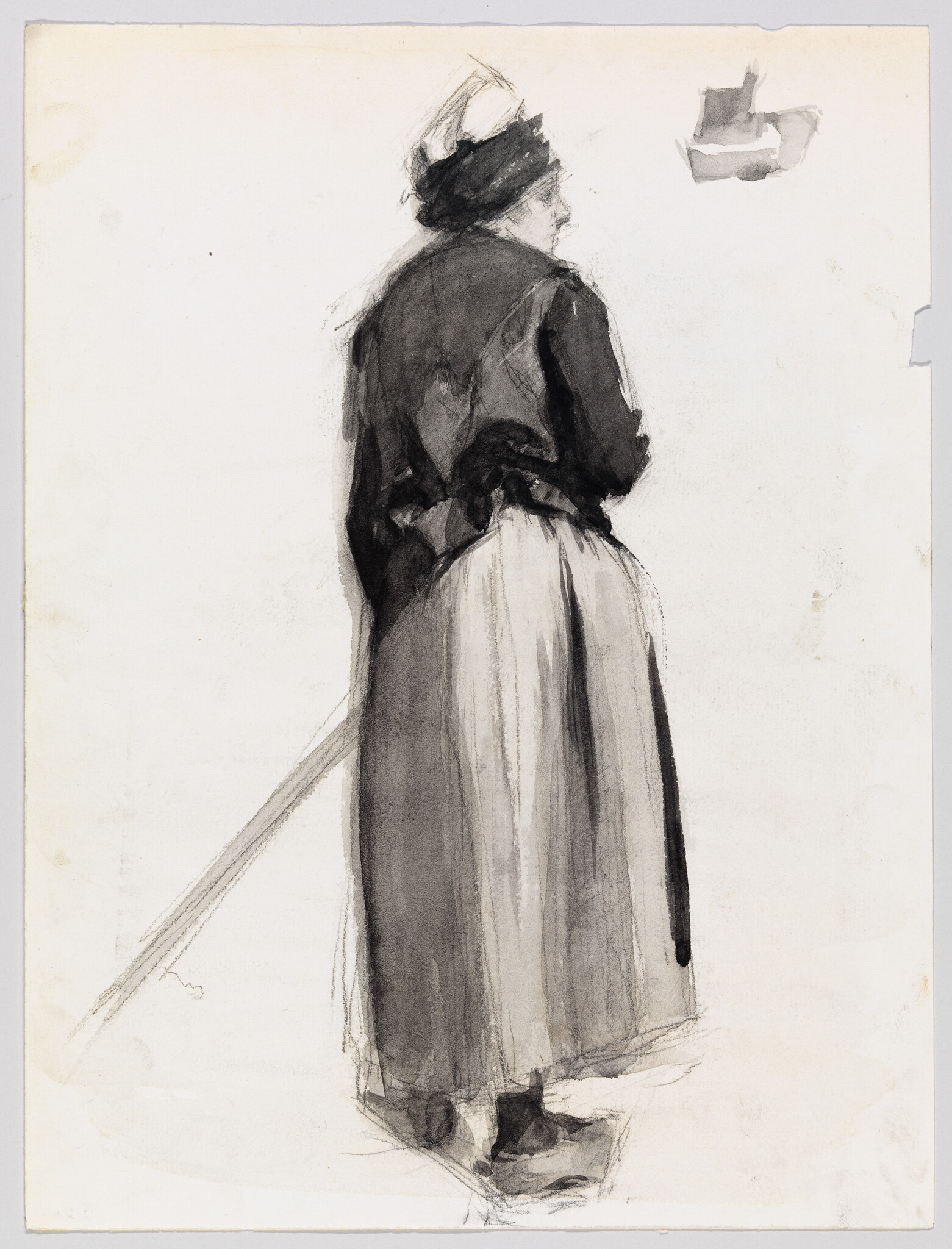 A sketch of a woman standing in profile view, wearing a long skirt and a jacket with a hat, holding what appears to be a cane or umbrella. The artwork is rendered in a loose, impressionistic style with monochromatic tones, primarily in black and gray washes on a cream-colored paper. There is a small, faint sketch of a sailboat in the upper right corner, separate from the main figure.